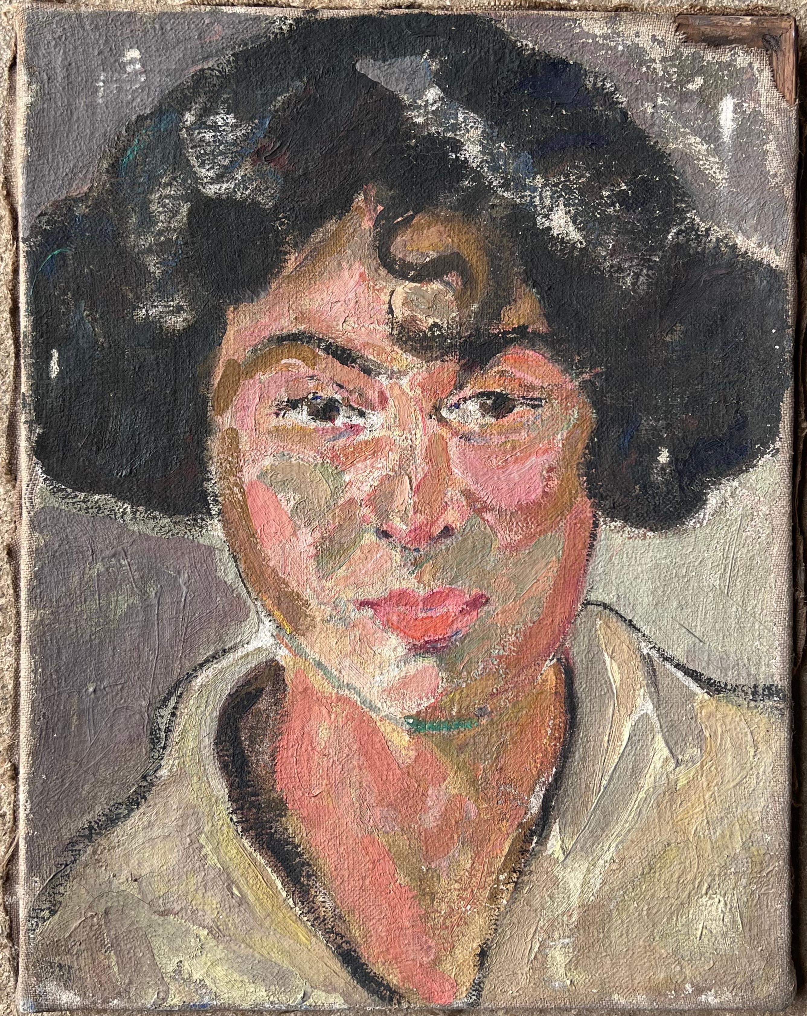 Dunkelhaarige Dame mit starken Gesichtszügen Französischer Impressionismus aus der Mitte des Jahrhunderts – Painting von Suzanne Dinkes
