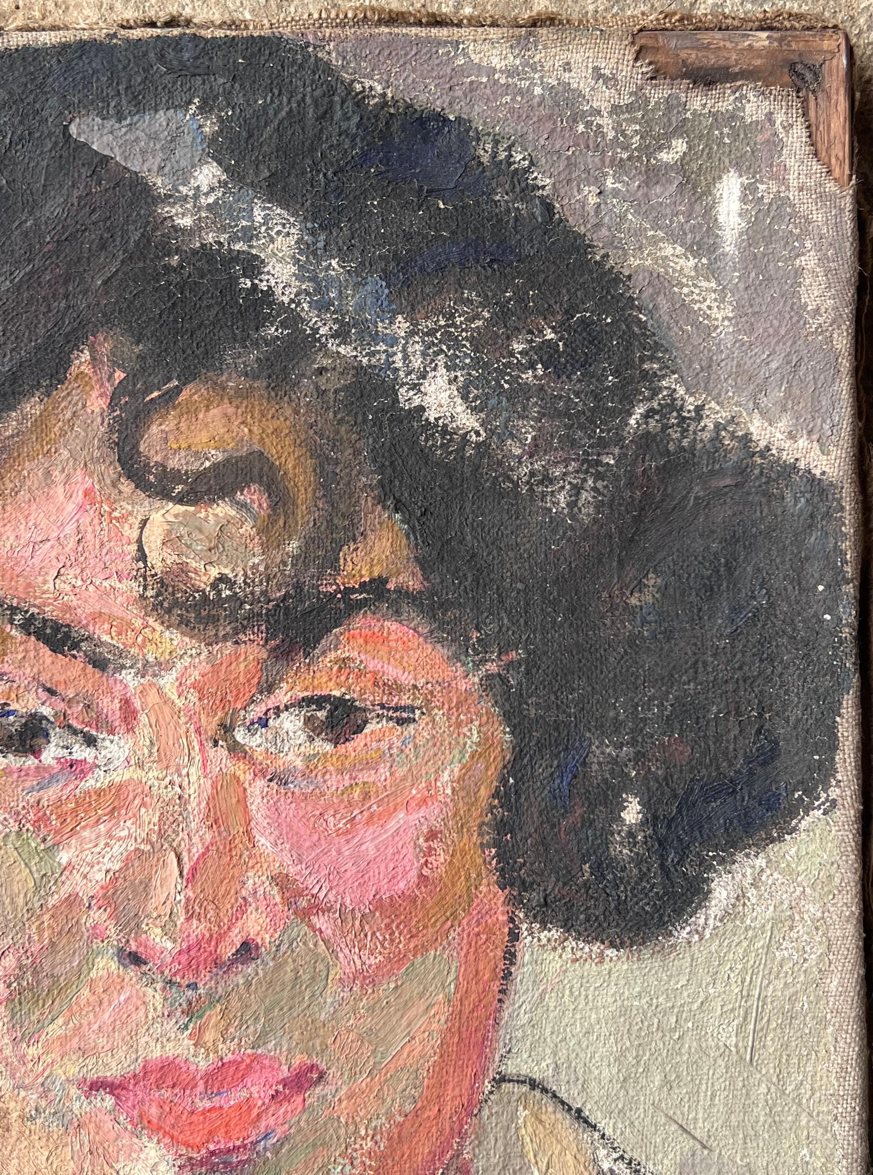 Dunkelhaarige Dame mit starken Gesichtszügen Französischer Impressionismus aus der Mitte des Jahrhunderts (Post-Impressionismus), Painting, von Suzanne Dinkes