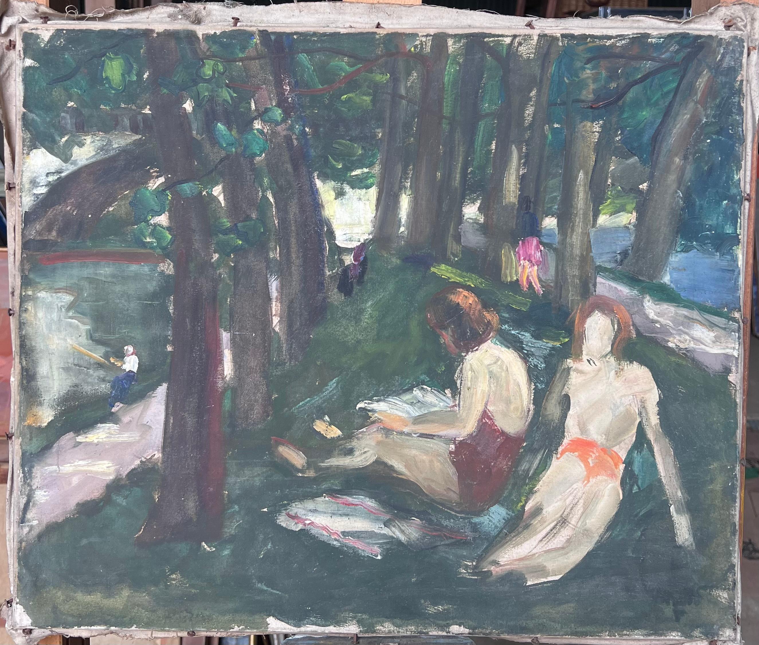 Figuren Sonnenbaden durch die Woodland River Bay Französisch Mid Century Malerei – Painting von Suzanne Dinkes