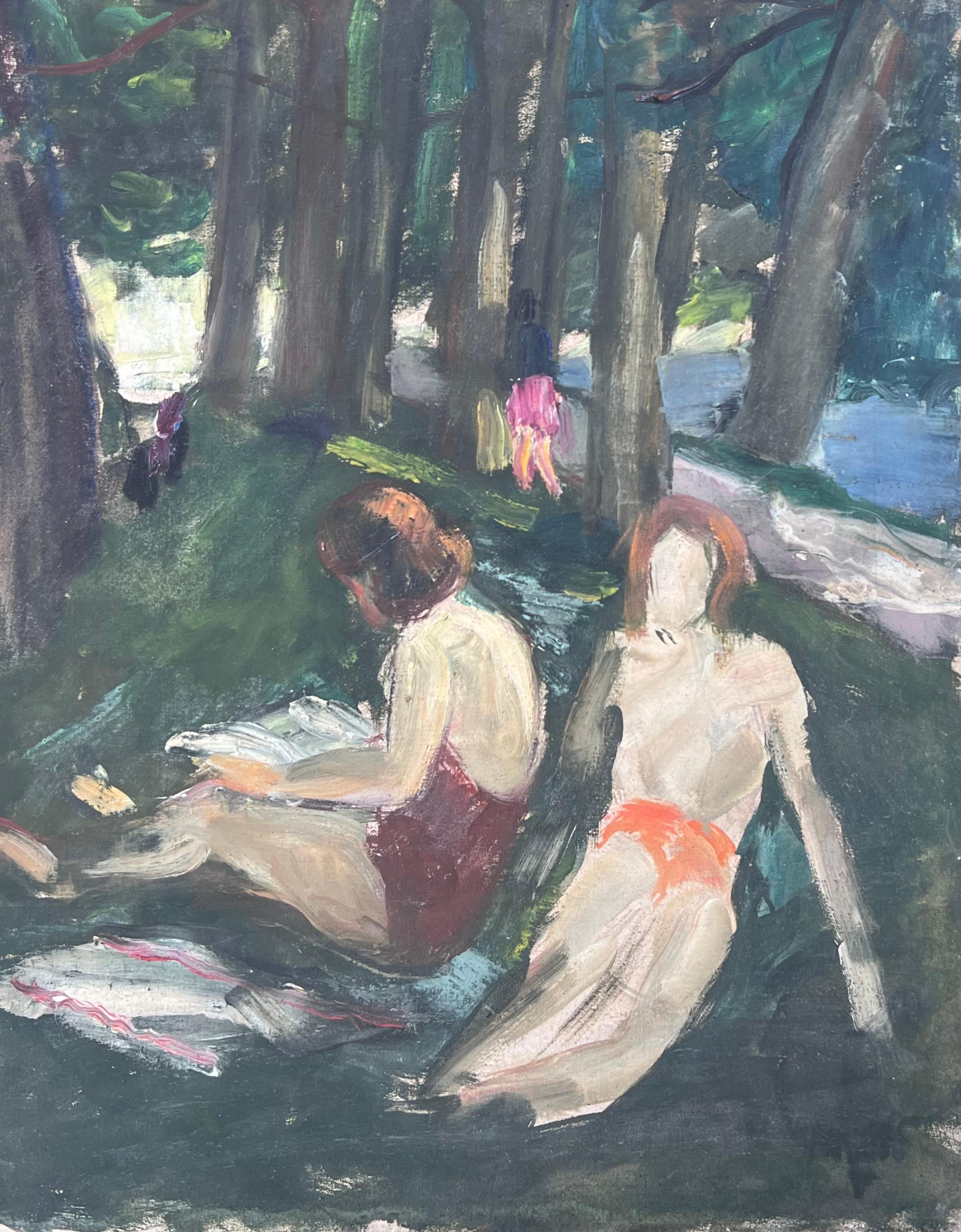 Figuren Sonnenbaden durch die Woodland River Bay Französisch Mid Century Malerei (Post-Impressionismus), Painting, von Suzanne Dinkes