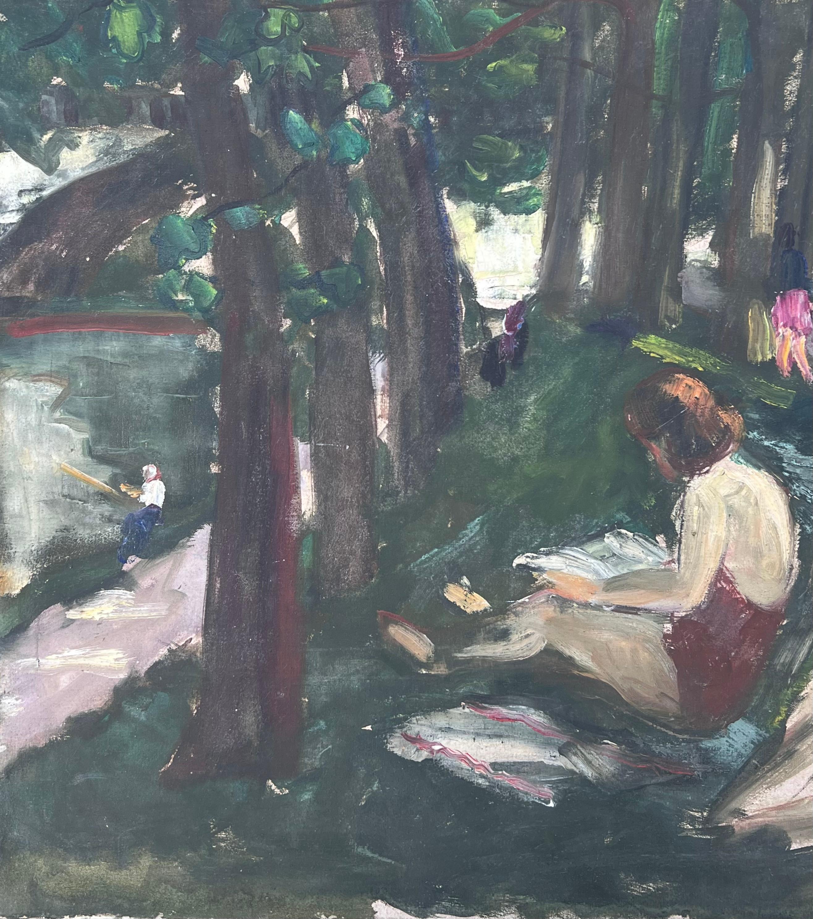Figuren Sonnenbaden durch die Woodland River Bay Französisch Mid Century Malerei (Grau), Figurative Painting, von Suzanne Dinkes