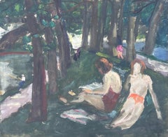 Figures Sunbathing By The Woodland River Bay French Mid Century Painting