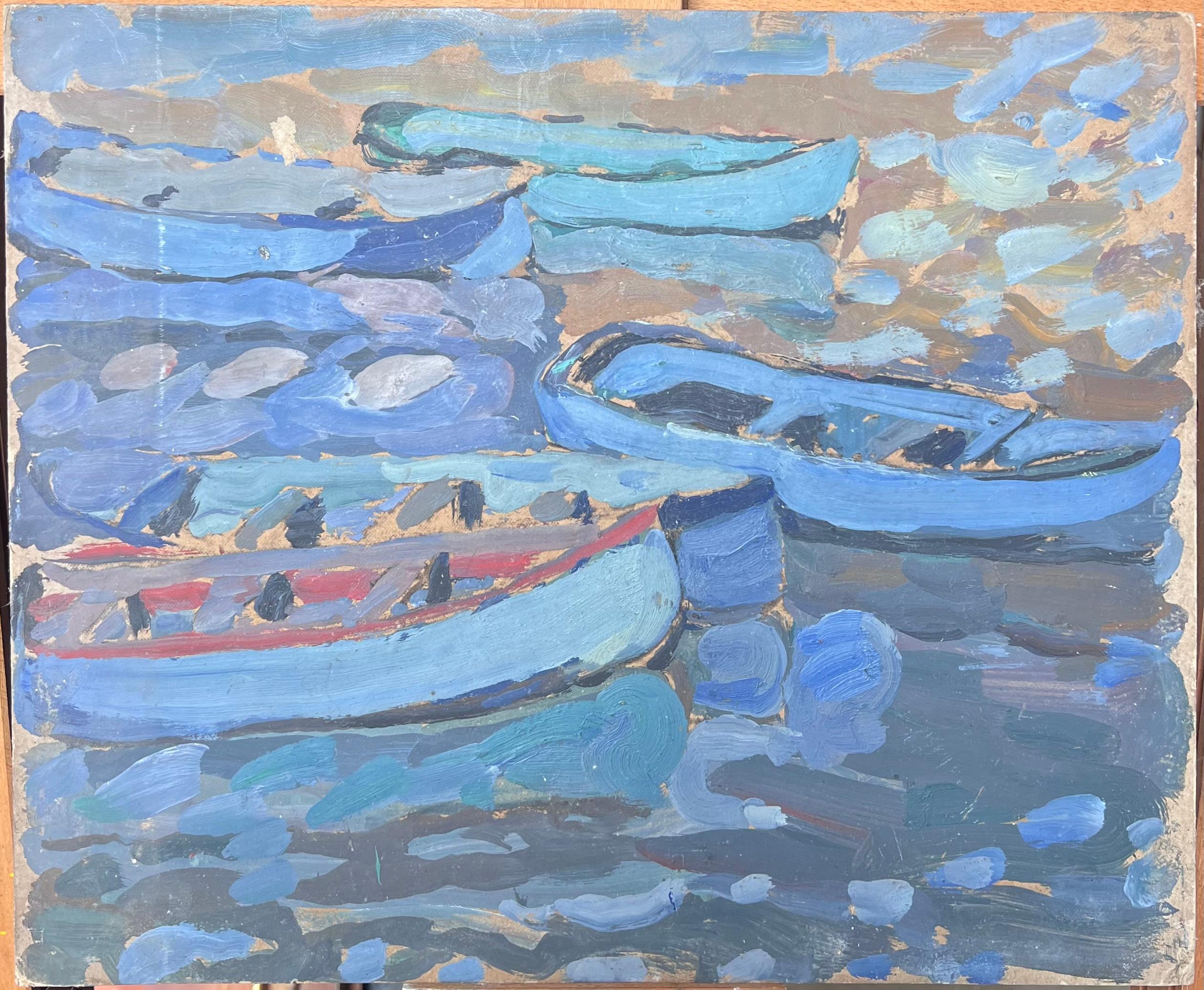 Fischerboote im blauen Dock Mid Century Französisch Impressionist Öl – Painting von Suzanne Dinkes