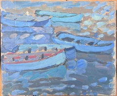 Fischerboote im blauen Dock Mid Century Französisch Impressionist Öl