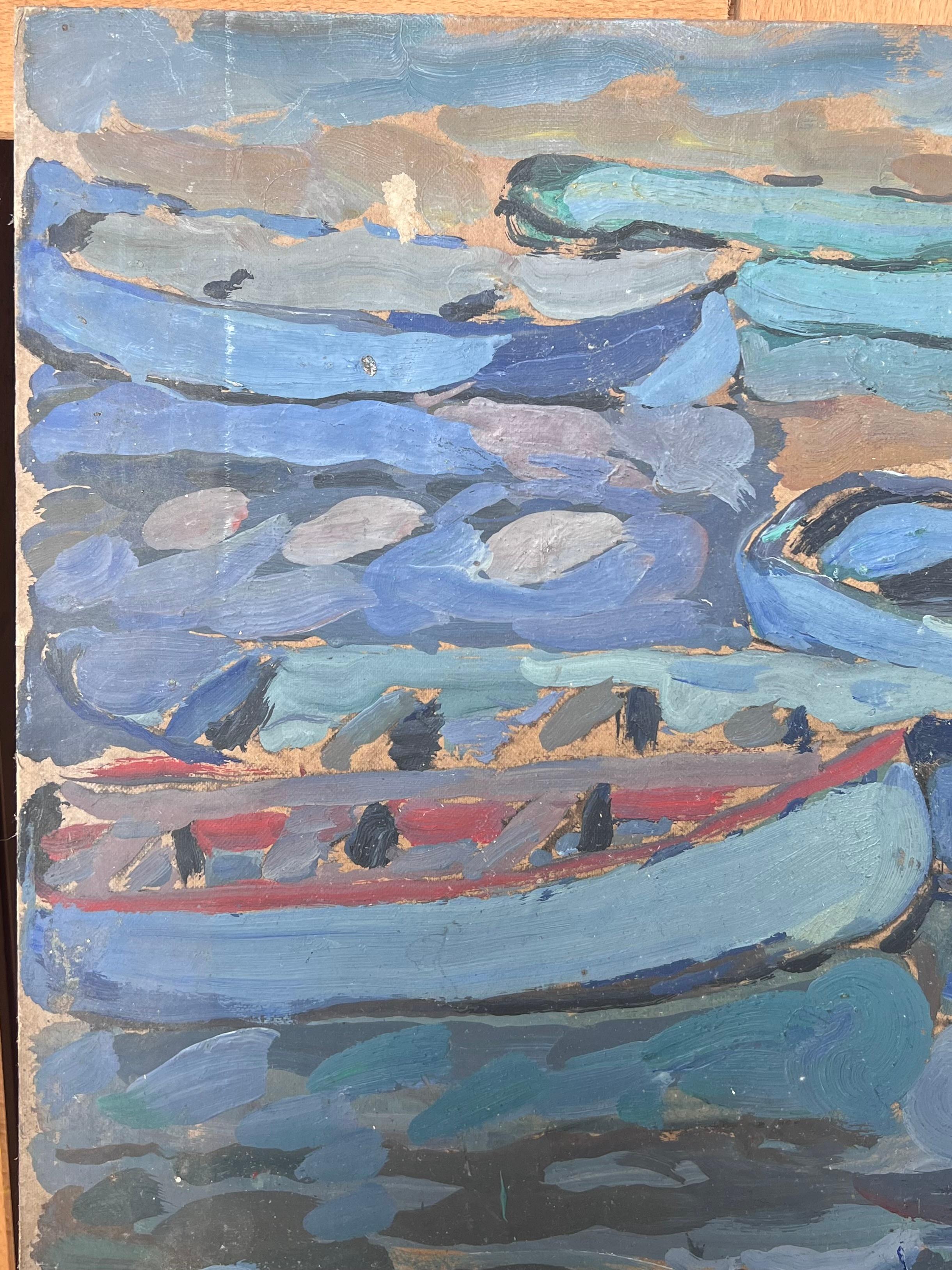 Fischerboote im blauen Dock Mid Century Französisch Impressionist Öl (Post-Impressionismus), Painting, von Suzanne Dinkes