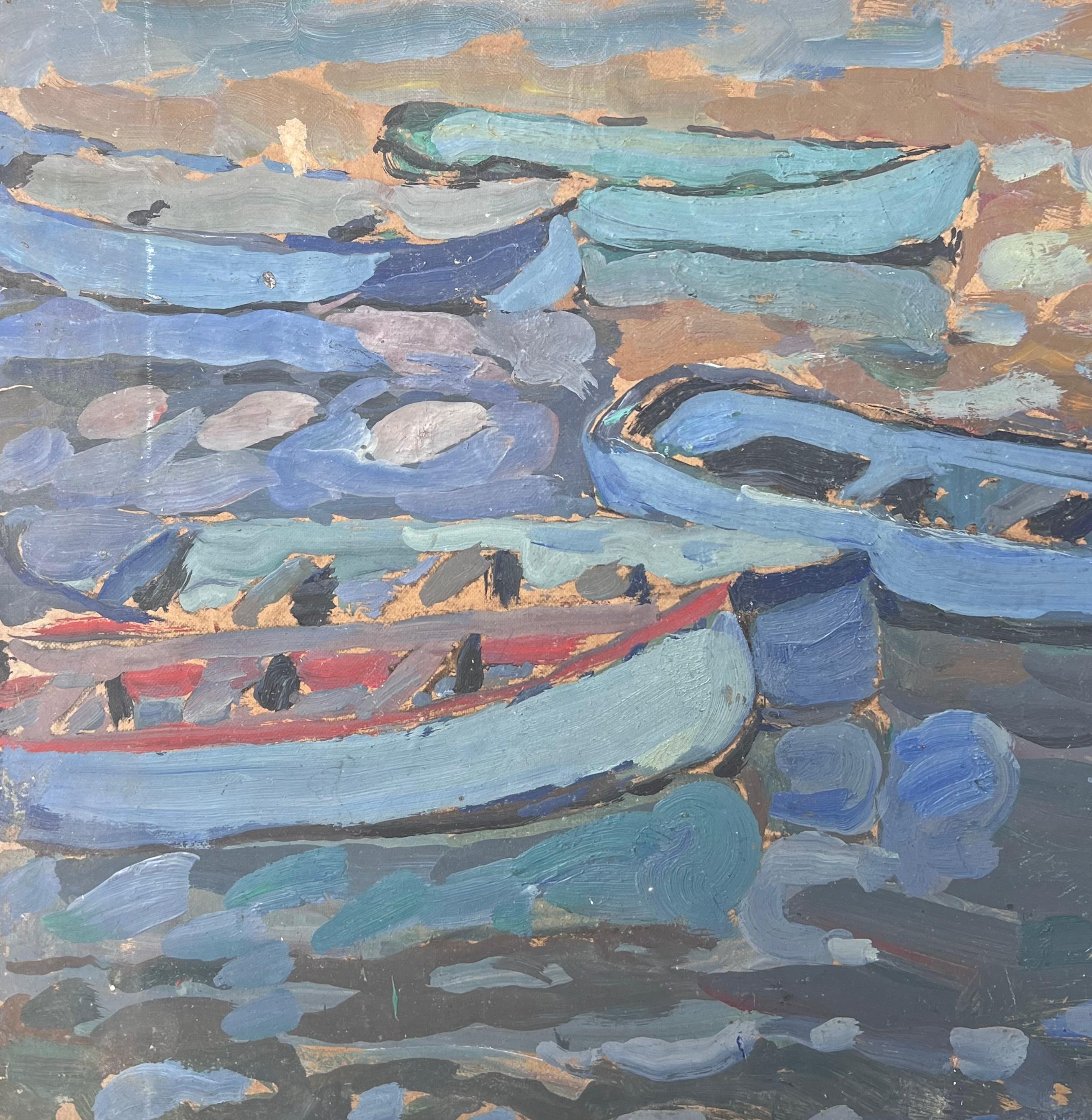 Fischerboote im blauen Dock Mid Century Französisch Impressionist Öl im Angebot 1