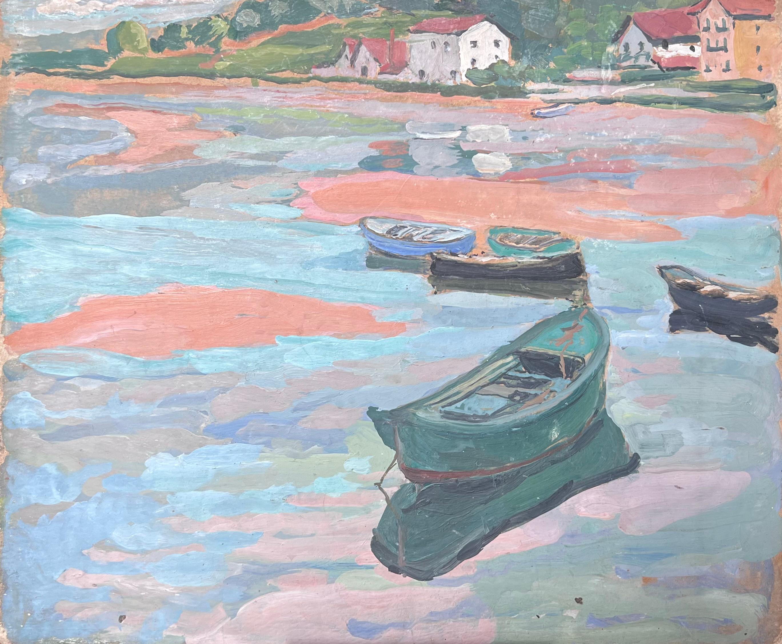 Fischerboote im blauen Dock Mid Century Französisch Impressionist Öl im Angebot 2