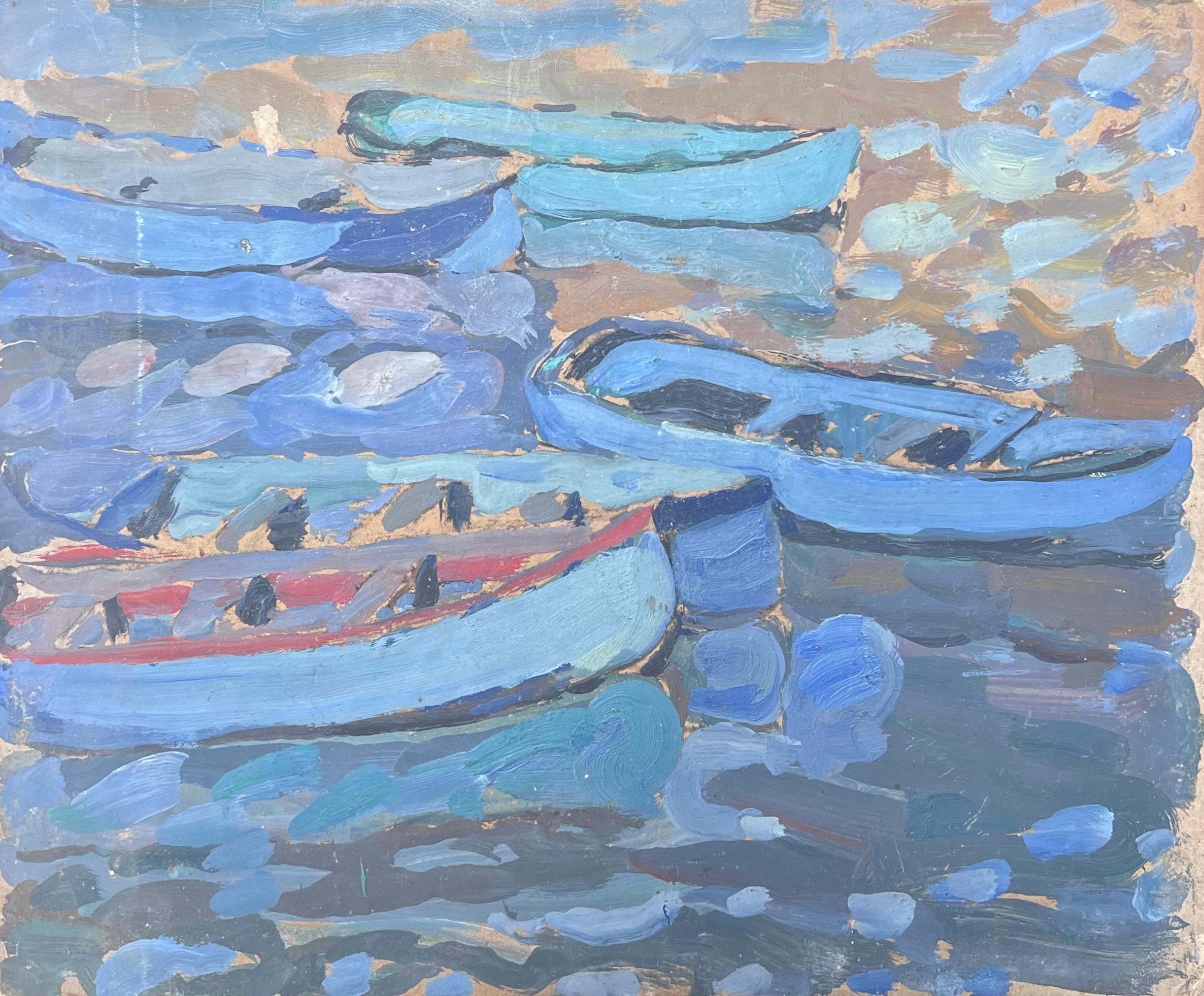 Suzanne Dinkes Abstract Painting – Fischerboote im blauen Dock Mid Century Französisch Impressionist Öl