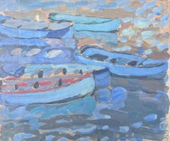 Fishing Boats In Dappled Blue Dock Mid Century French Impressionist Oil