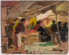 Pittura ad olio francese degli anni '50 firmata Frutta e verdura occupata Scena di mercato francese Figure