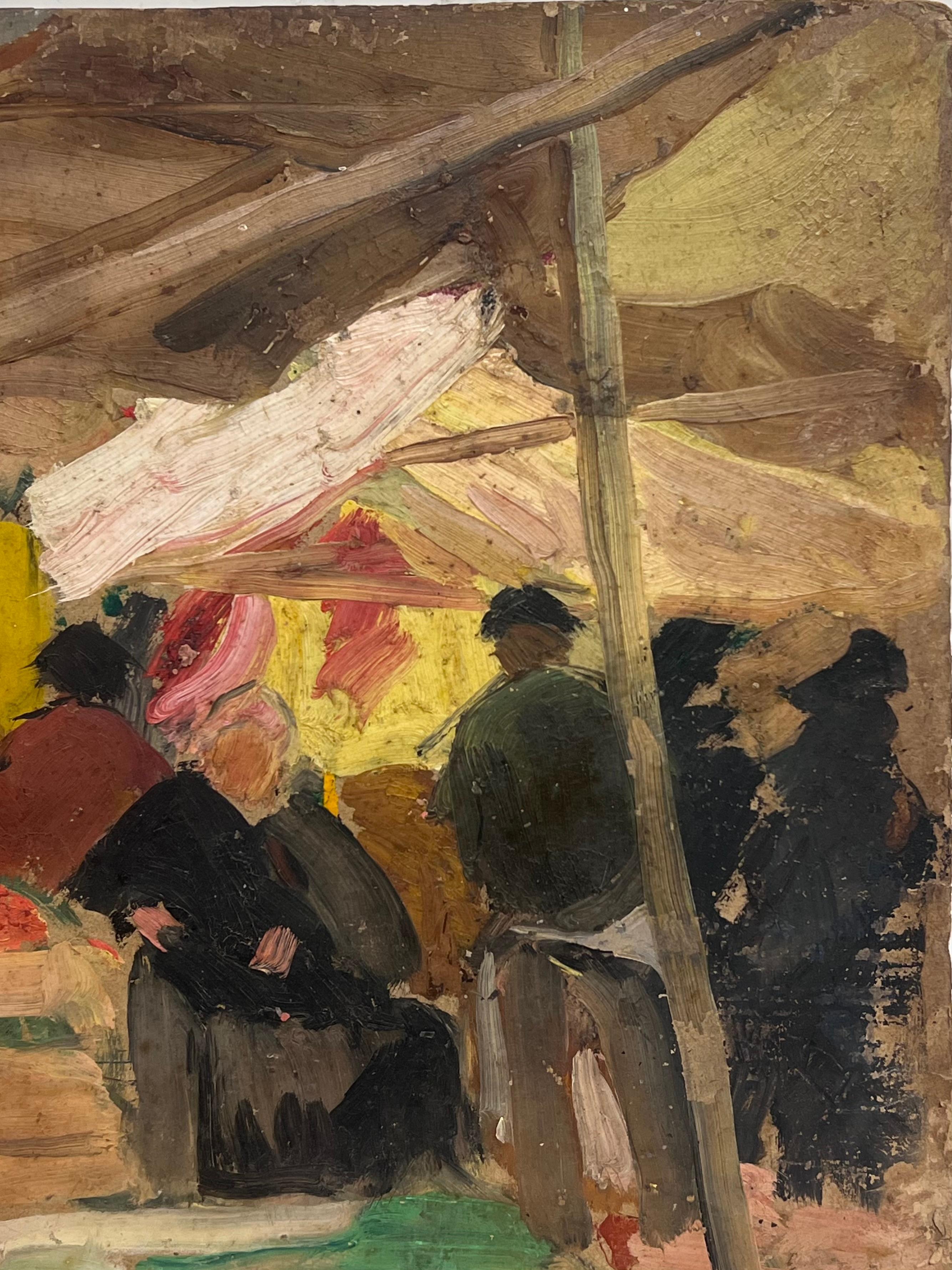 Französisch 1950er Jahre signiert Ölgemälde beschäftigt Obst & Gemüse Französisch Markt Szene Figuren (Post-Impressionismus), Painting, von Suzanne Dinkes