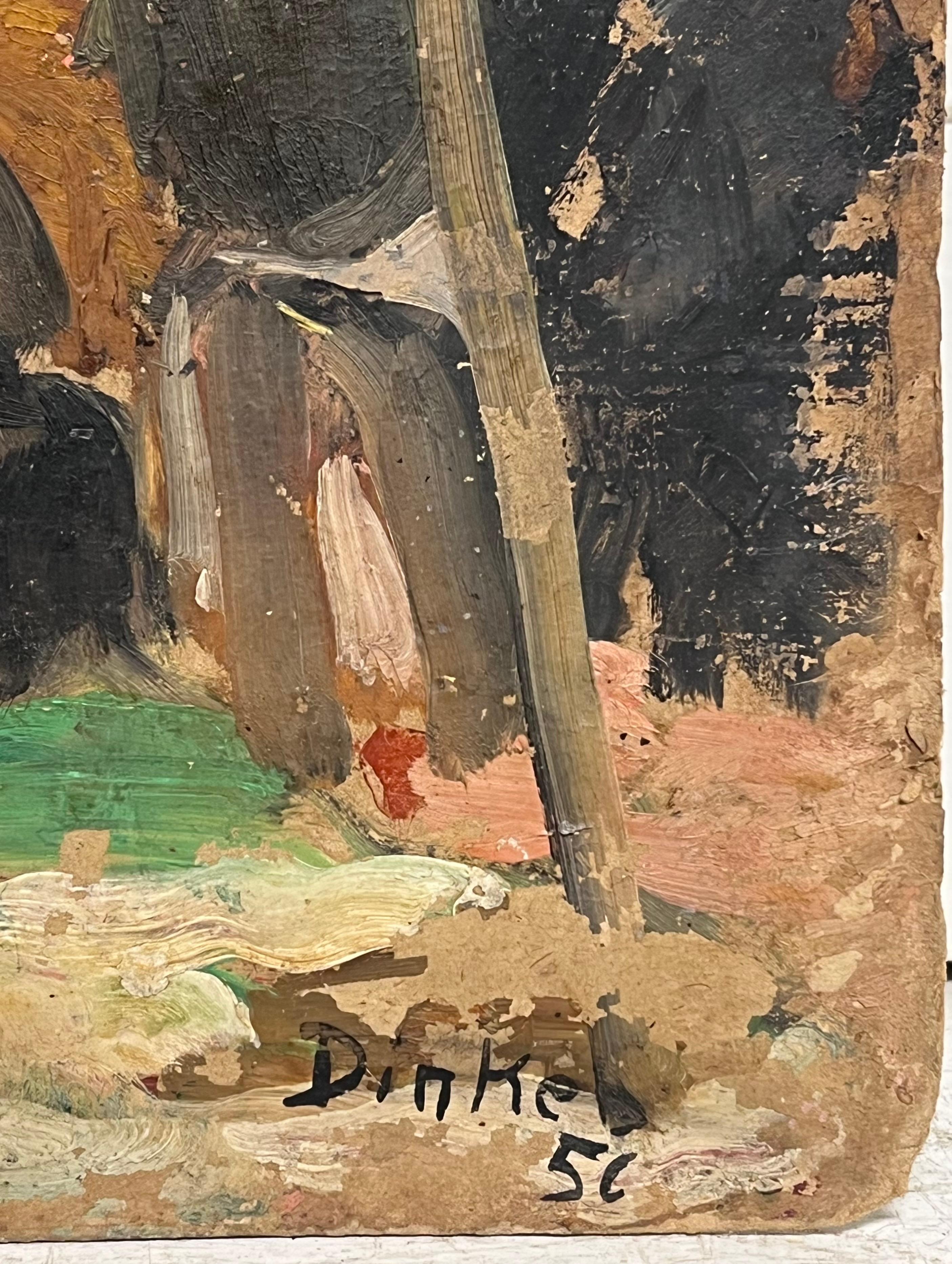 Französisch 1950er Jahre signiert Ölgemälde beschäftigt Obst & Gemüse Französisch Markt Szene Figuren (Braun), Figurative Painting, von Suzanne Dinkes