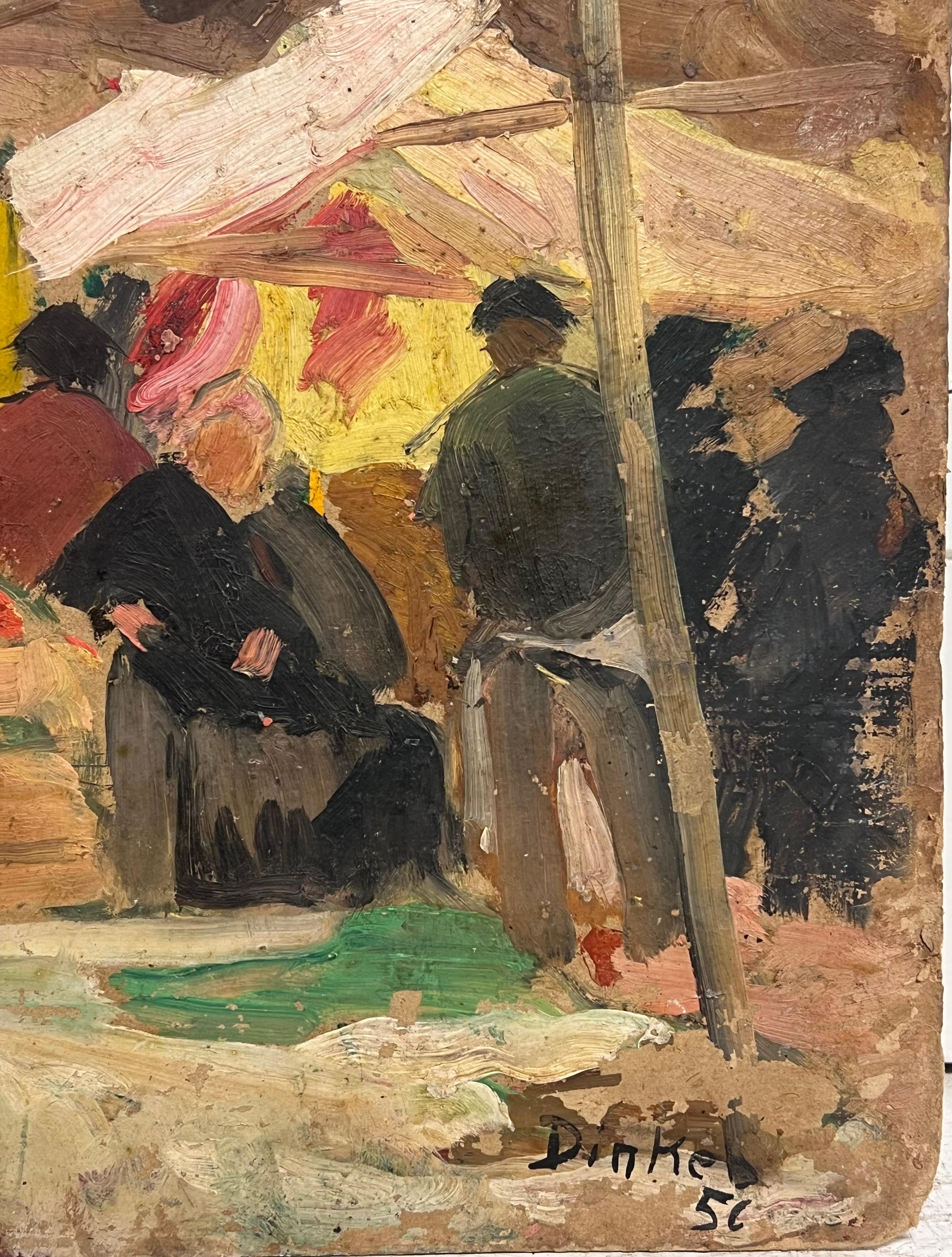 Der Markt
von: Suzanne Dinkés (Französisch, 1895 - 1984)
Medium: signiertes Öl auf Karton, ungerahmt
unterzeichnet und datiert 57
Größe: 13 x 16 Zoll
doppelseitiges Bild mit Blumenstillleben verso
Provenienz: Privatsammlung, Frankreich
Zustand: Das