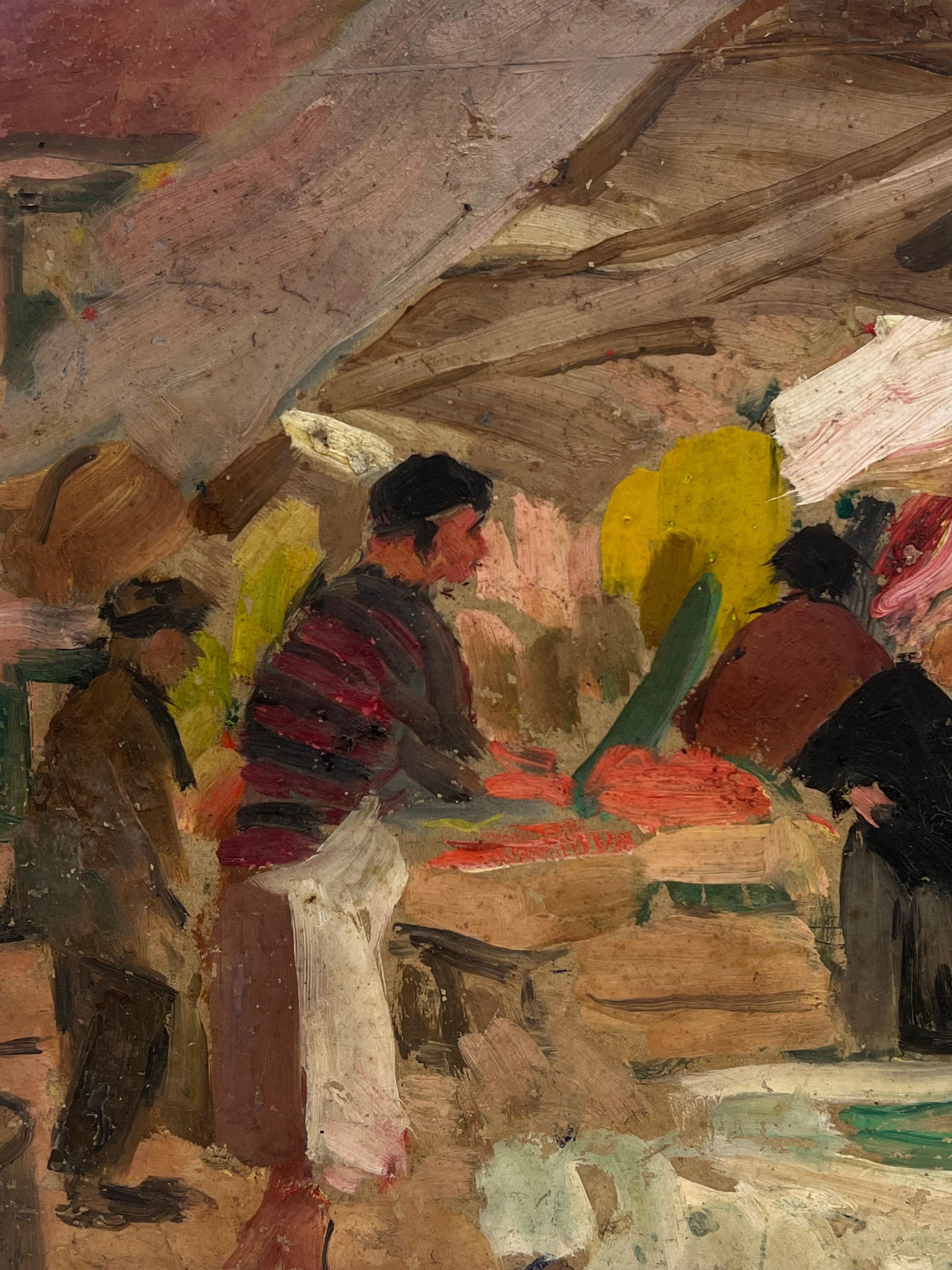 Französisch 1950er Jahre signiert Ölgemälde beschäftigt Obst & Gemüse Französisch Markt Szene Figuren im Angebot 1