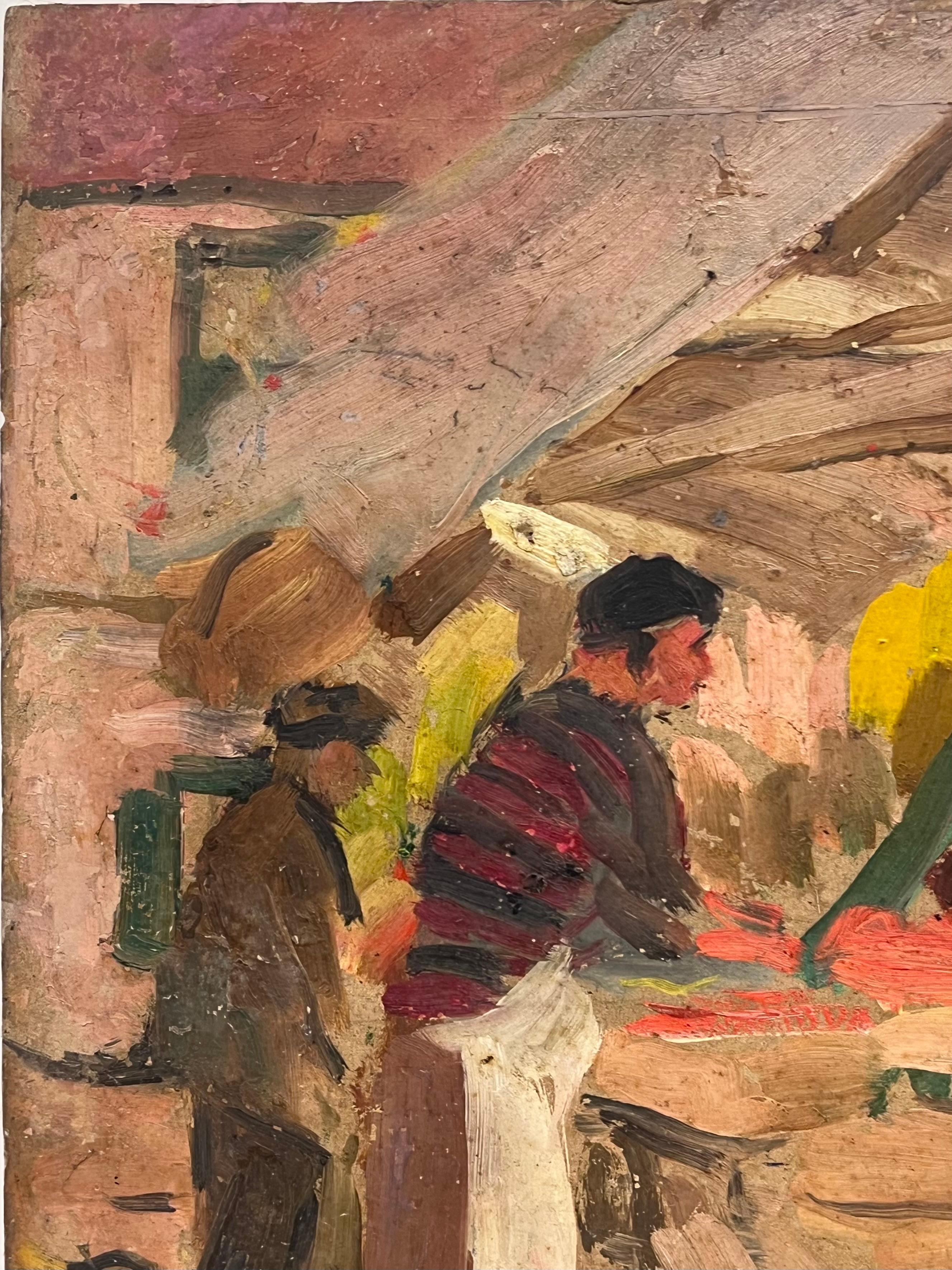 Französisch 1950er Jahre signiert Ölgemälde beschäftigt Obst & Gemüse Französisch Markt Szene Figuren im Angebot 2