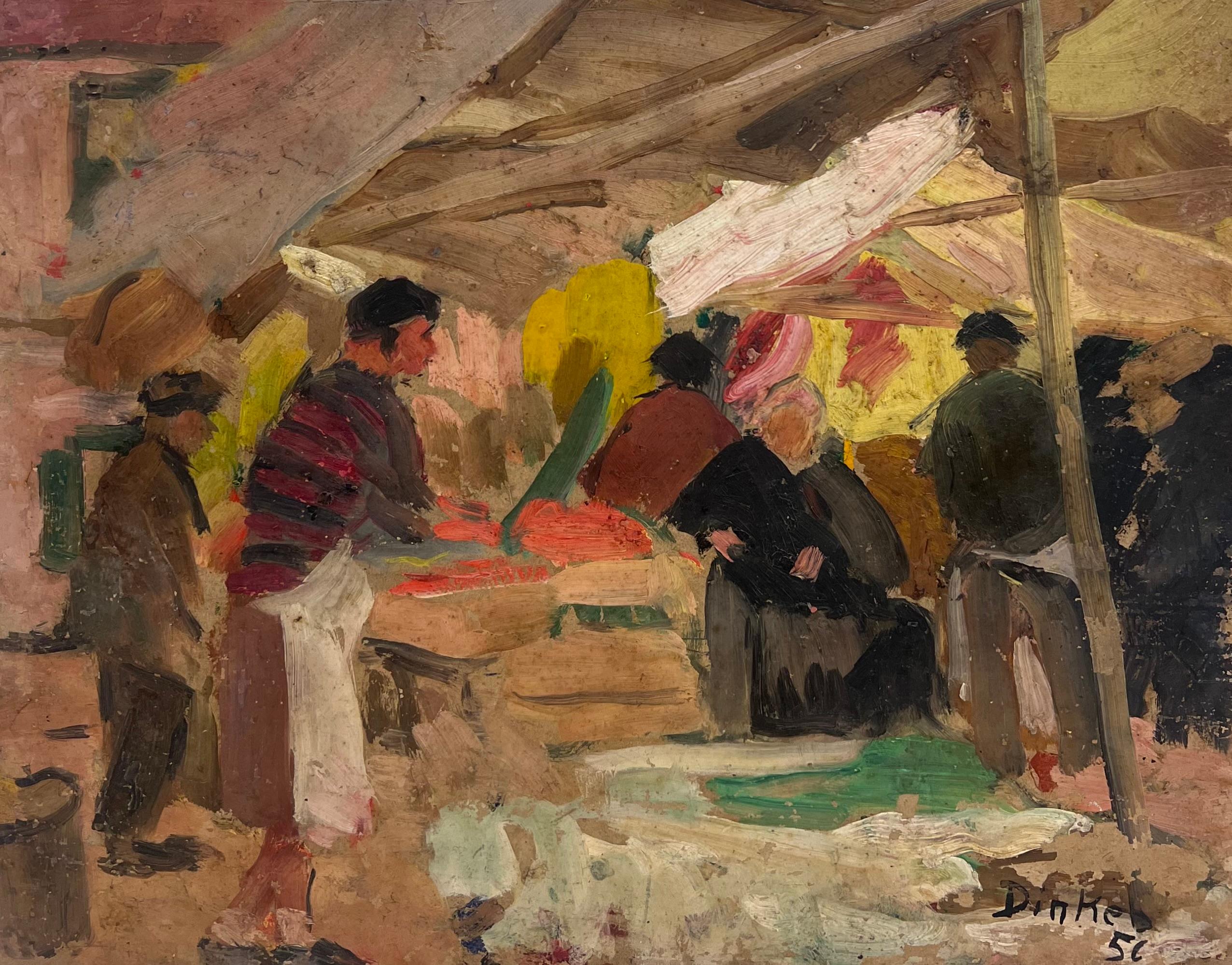 Französisch 1950er Jahre signiert Ölgemälde beschäftigt Obst
Gemüse Französisch Markt Szene Figuren