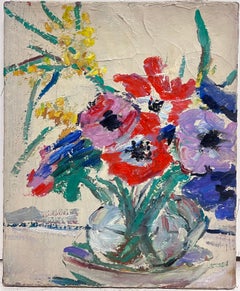 French Mid Century 1950's Oil Painting Flowers in Glass Vase