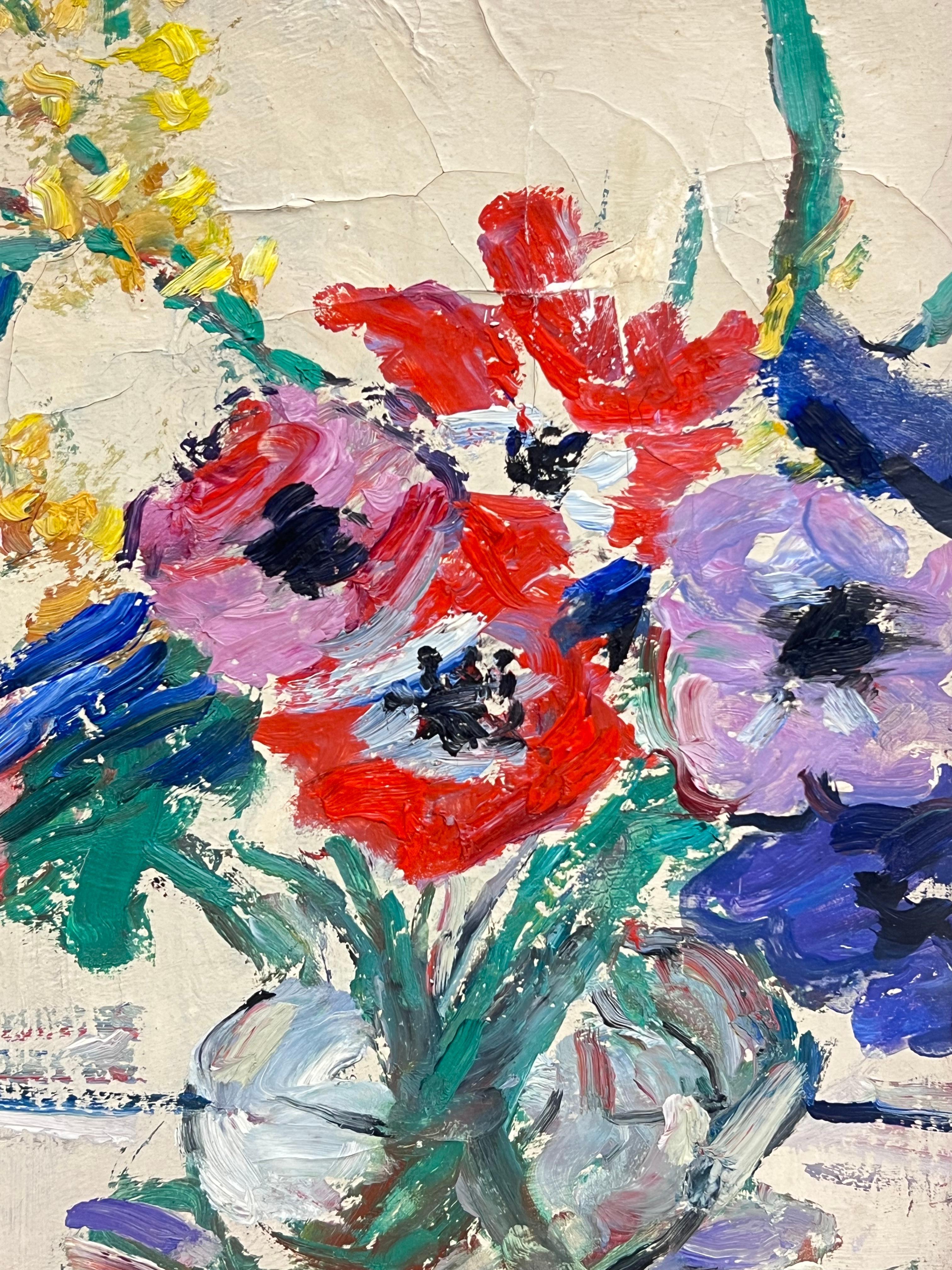 Peinture à l'huile française du milieu du siècle 1950 Fleurs dans un vase en verre - Post-impressionnisme Painting par Suzanne Dinkes