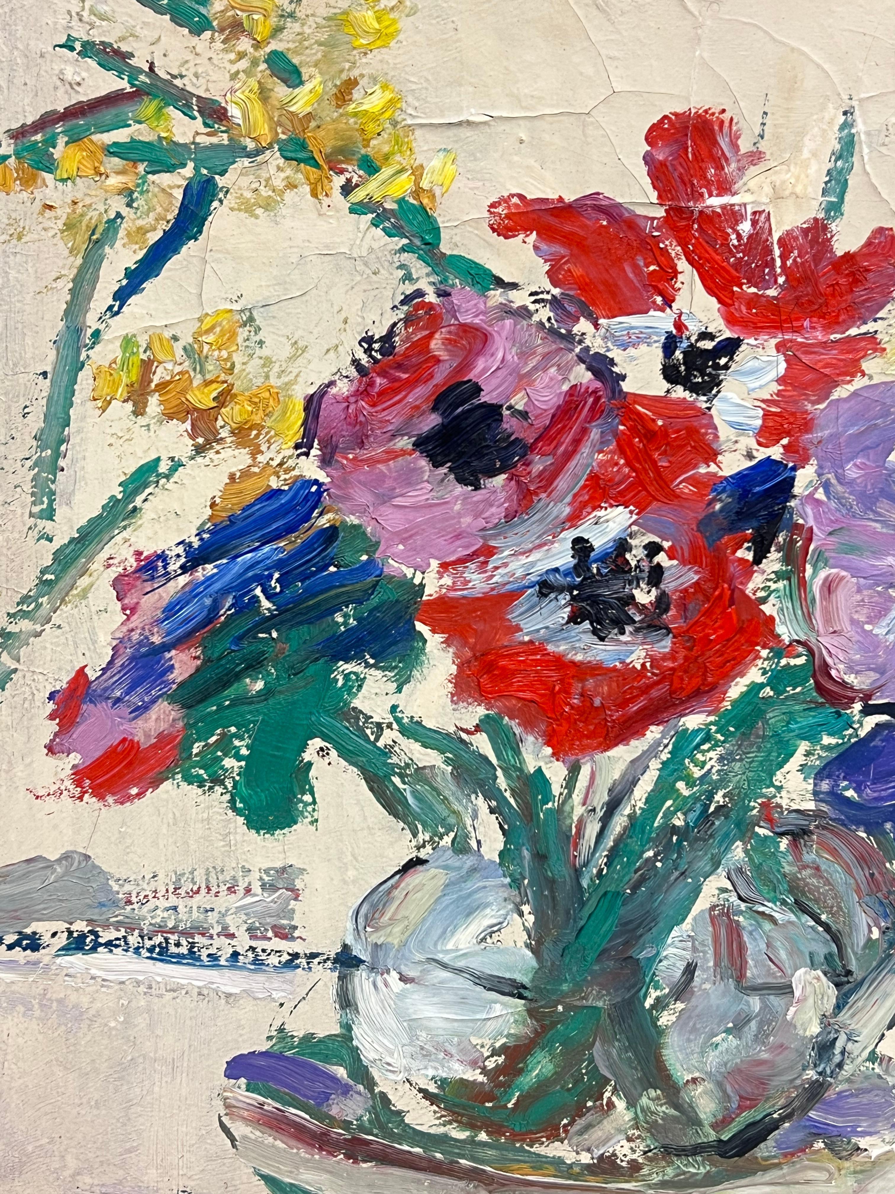 Peinture à l'huile française du milieu du siècle 1950 Fleurs dans un vase en verre en vente 1