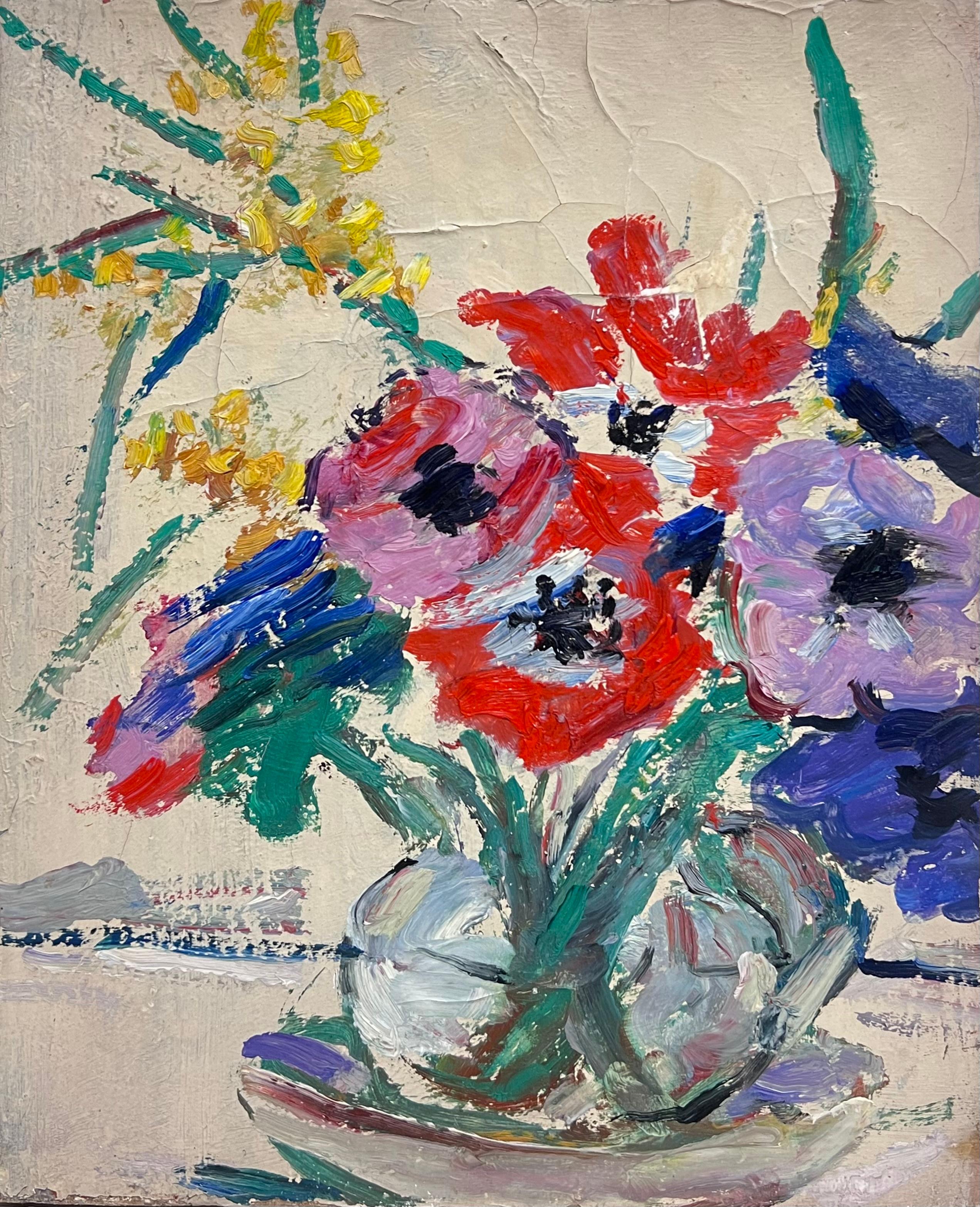 Französisch Mid Century 1950
s Ölgemälde Blumen in Glasvase