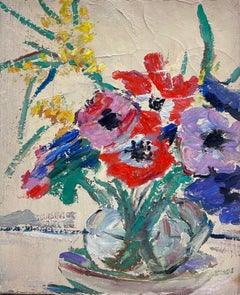 Französisch Mid Century 1950
s Ölgemälde Blumen in Glasvase