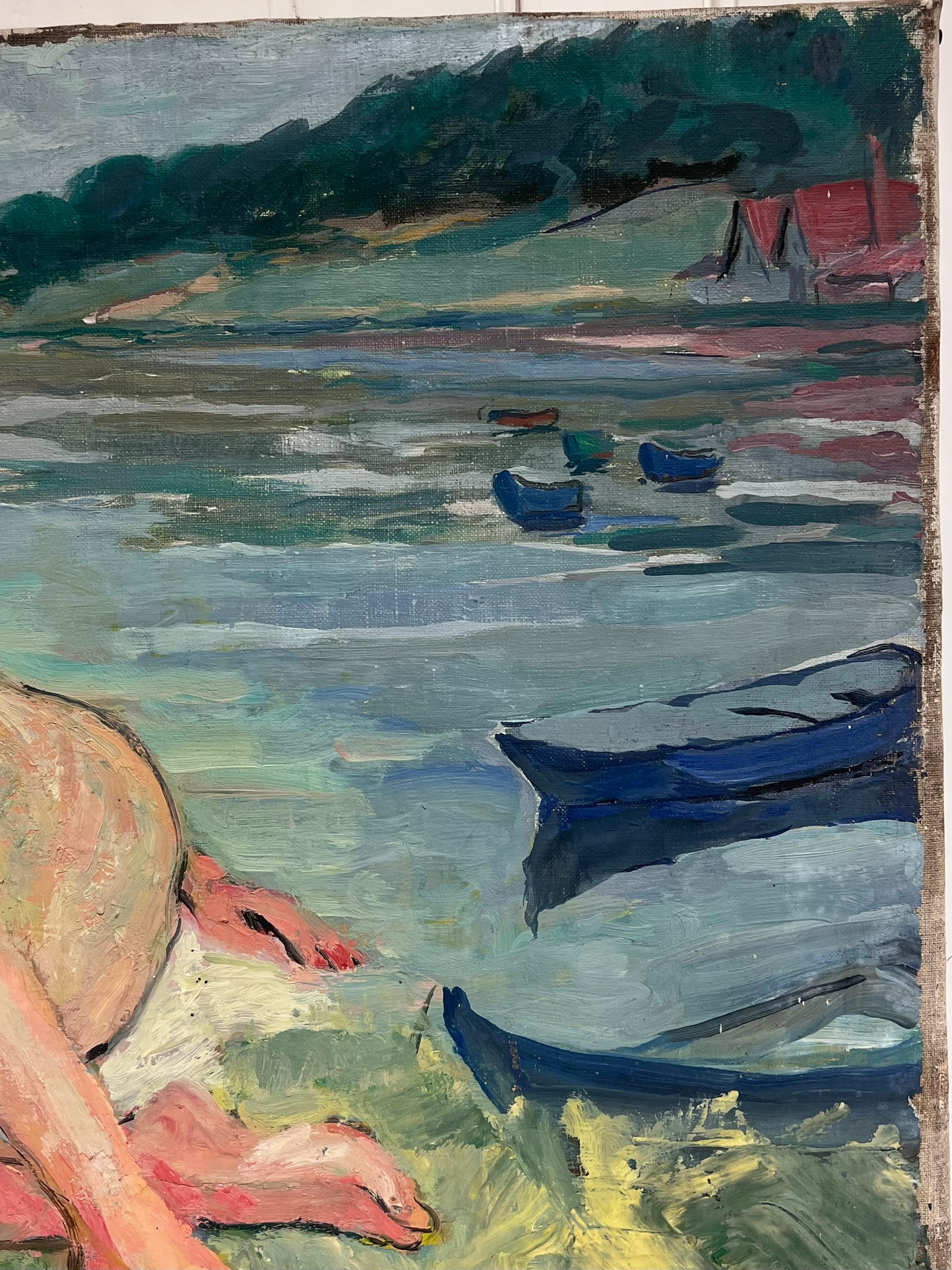 Grande peinture à l'huile française du milieu du siècle - Femme nue allongée sur la berge d'une rivière en vente 5