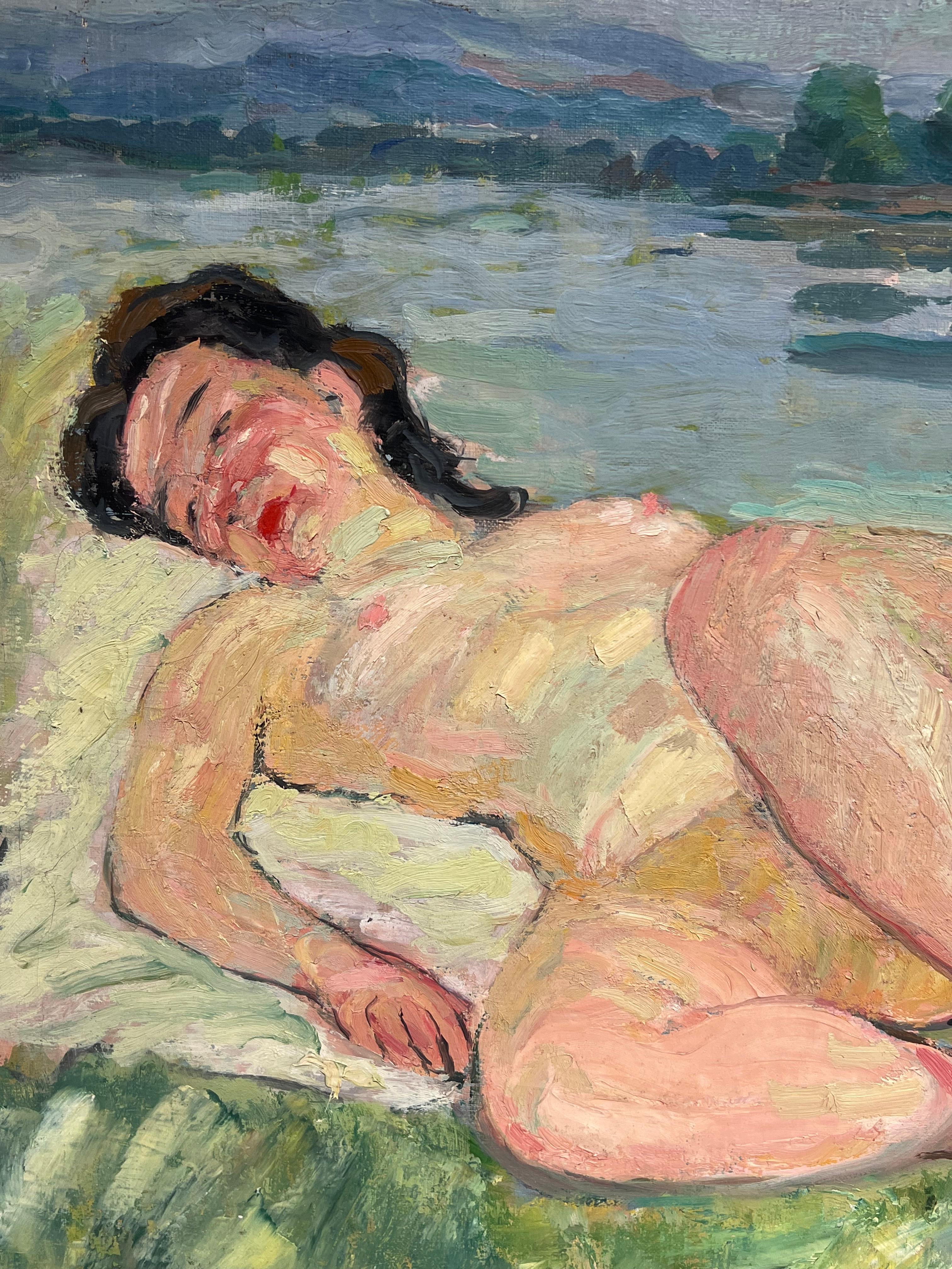 Grande peinture à l'huile française du milieu du siècle - Femme nue allongée sur la berge d'une rivière - Post-impressionnisme Painting par Suzanne Dinkes
