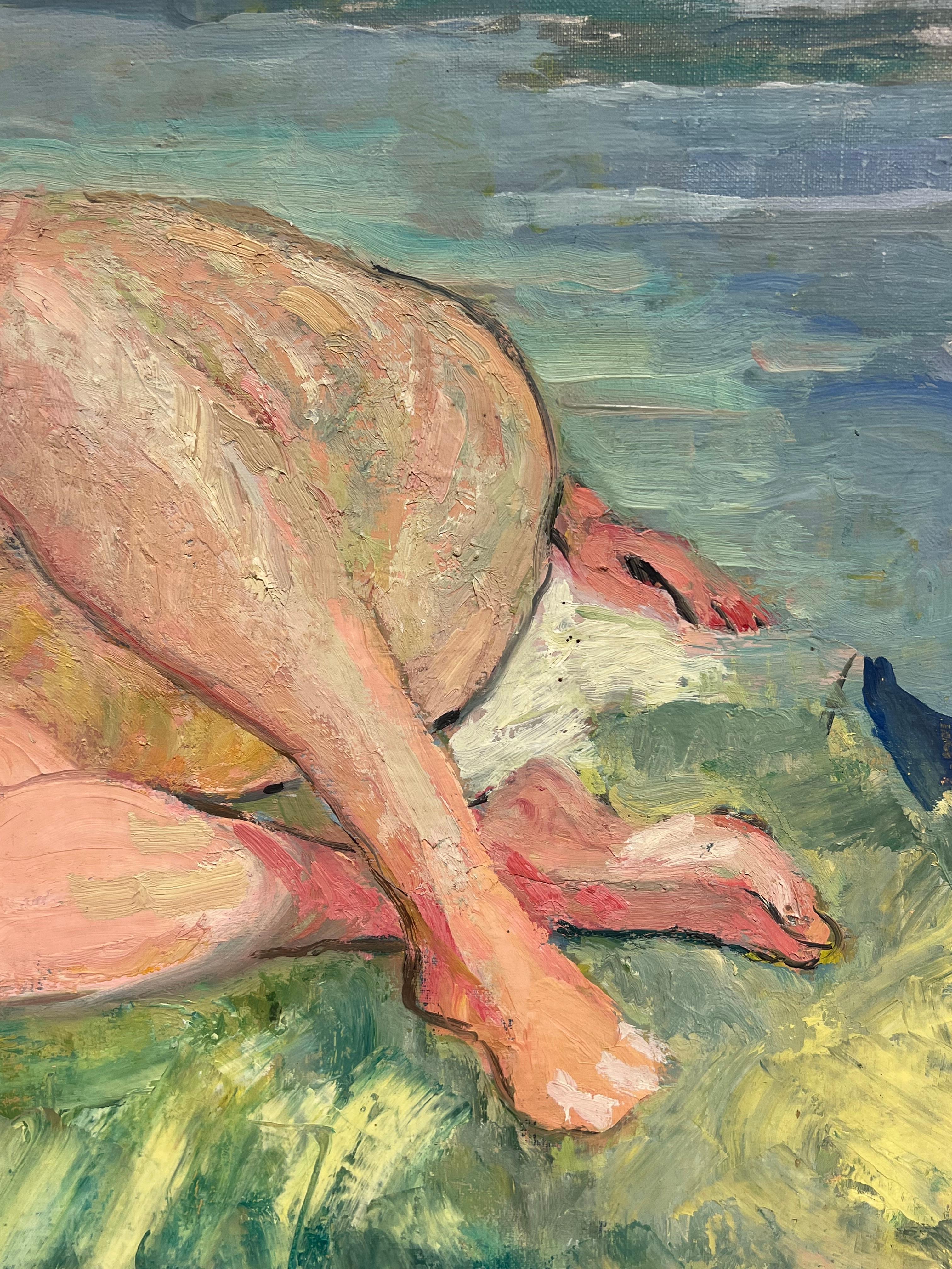 Nu sur la rive
Artistics/ School : Suzanne Dinkés (française, 1895 - 1984)
Médium : huile sur toile, non encadrée
Taille : 24 x 29 pouces
Provenance : collection privée, France
Condit : Le tableau est dans l'ensemble en très bon état et sain avec de