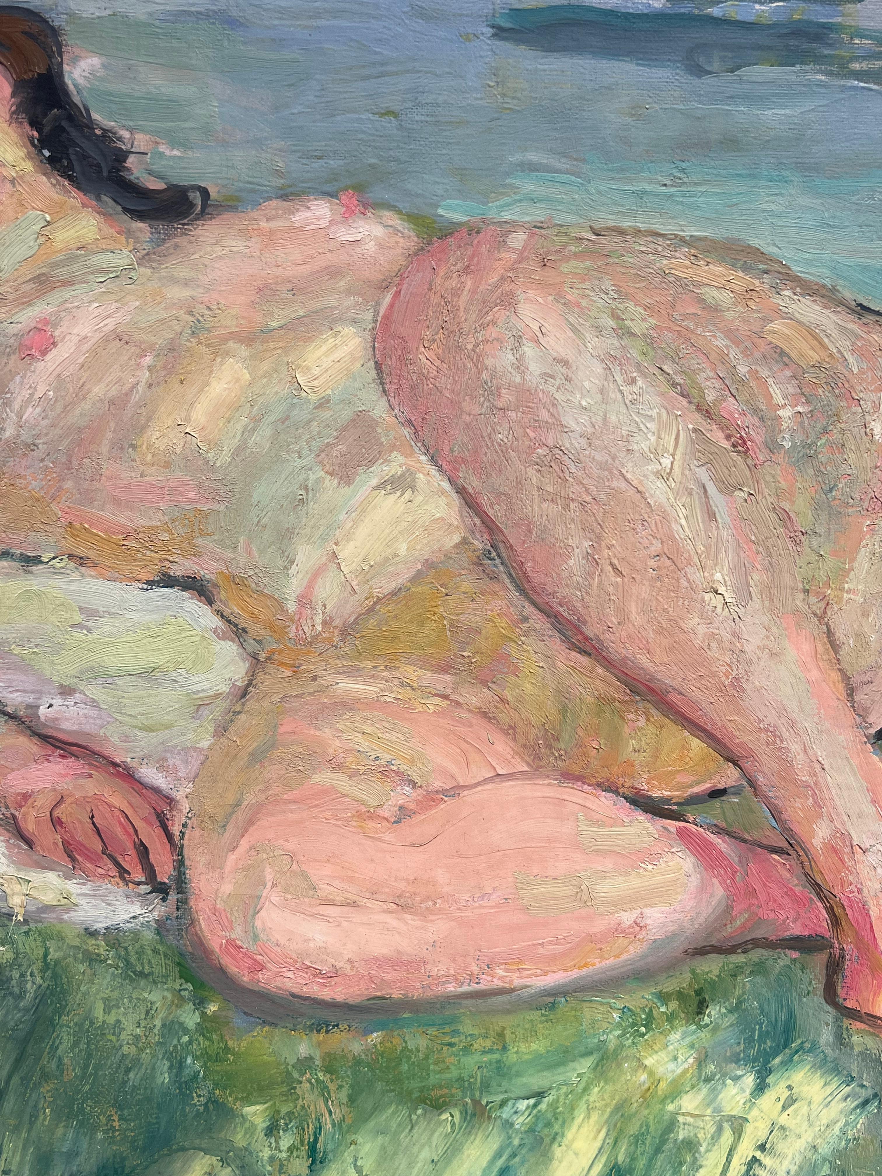 Grande peinture à l'huile française du milieu du siècle - Femme nue allongée sur la berge d'une rivière en vente 1