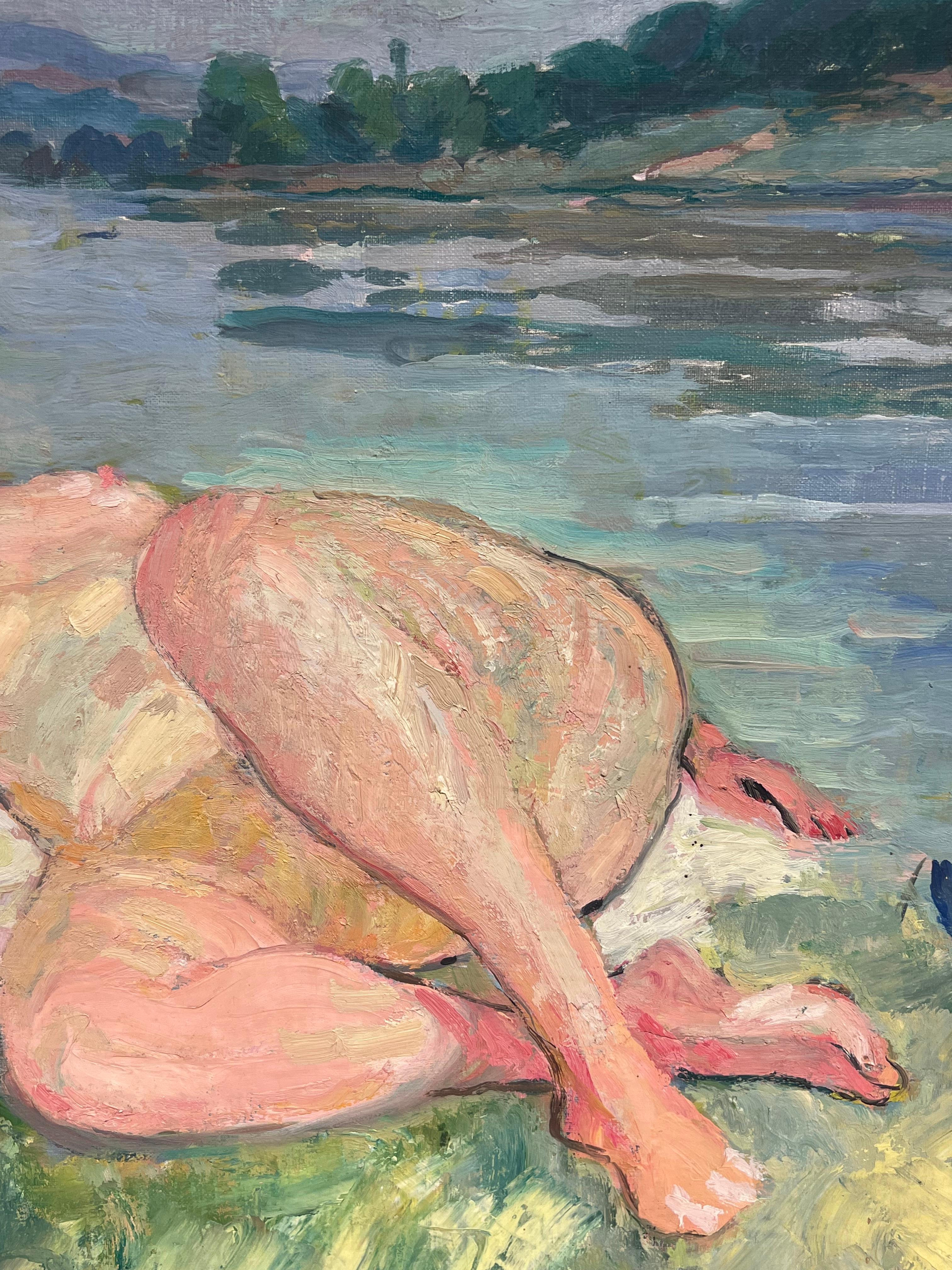 Grande peinture à l'huile française du milieu du siècle - Femme nue allongée sur la berge d'une rivière en vente 2
