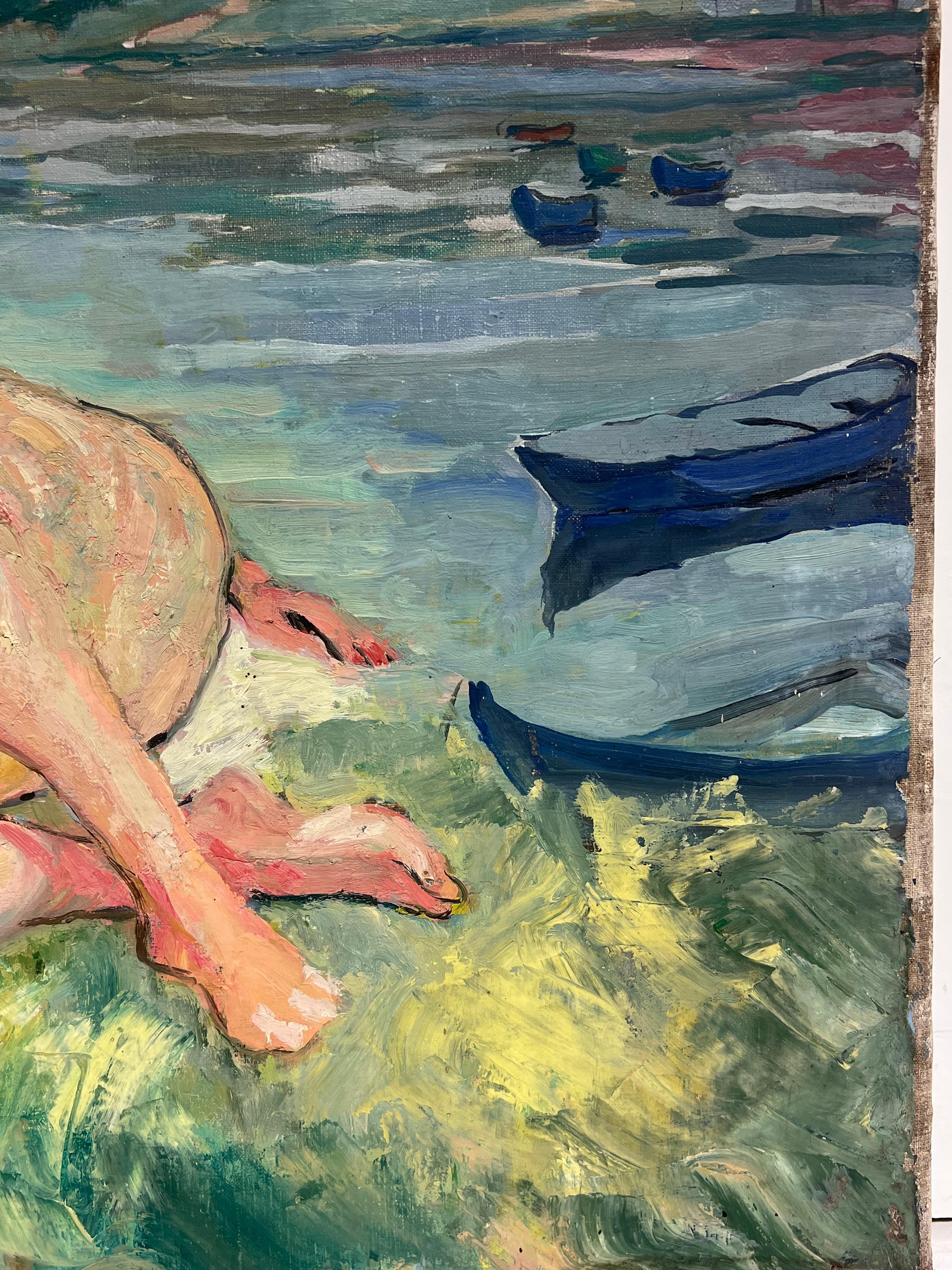 Grande peinture à l'huile française du milieu du siècle - Femme nue allongée sur la berge d'une rivière en vente 3