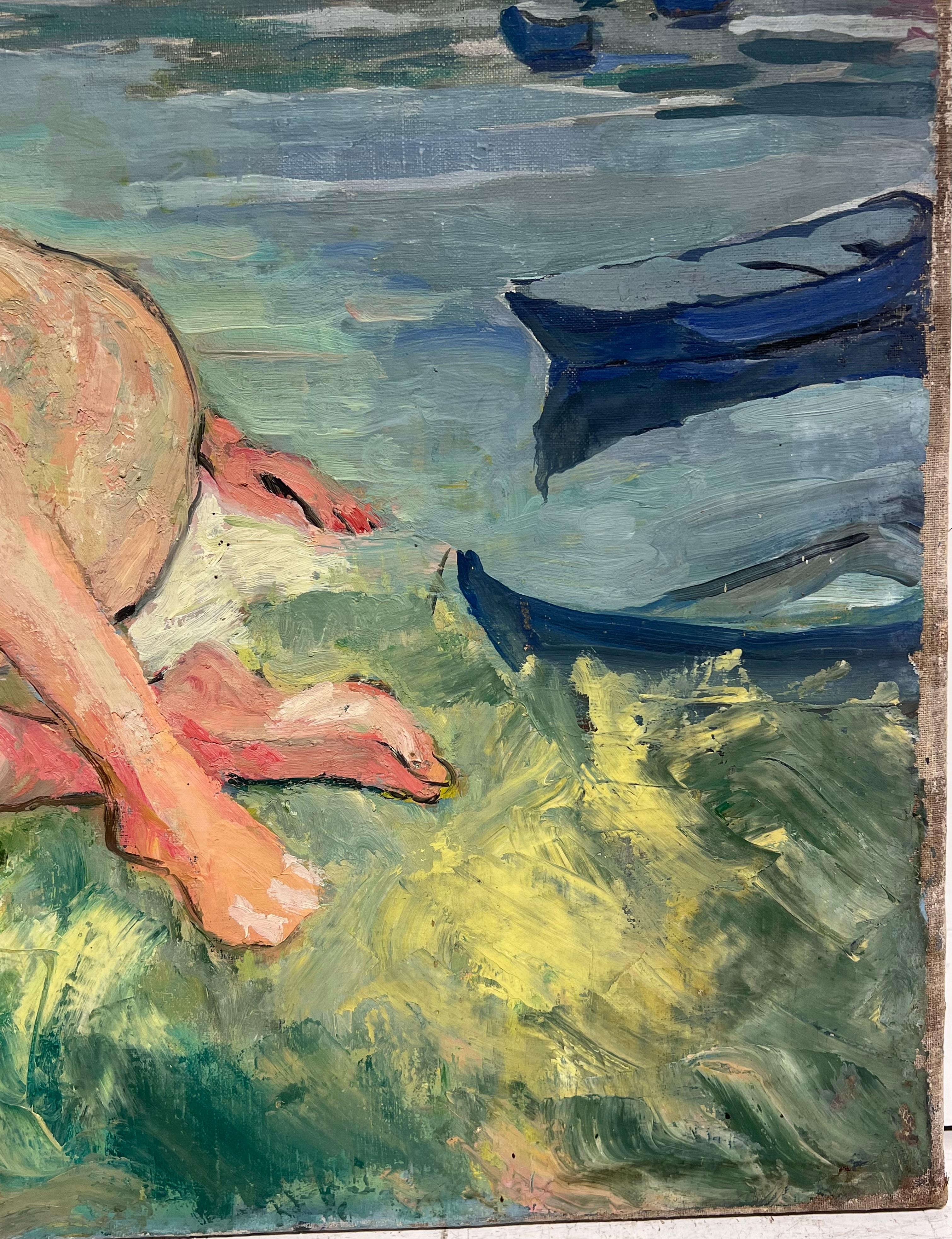 Grande peinture à l'huile française du milieu du siècle - Femme nue allongée sur la berge d'une rivière en vente 4
