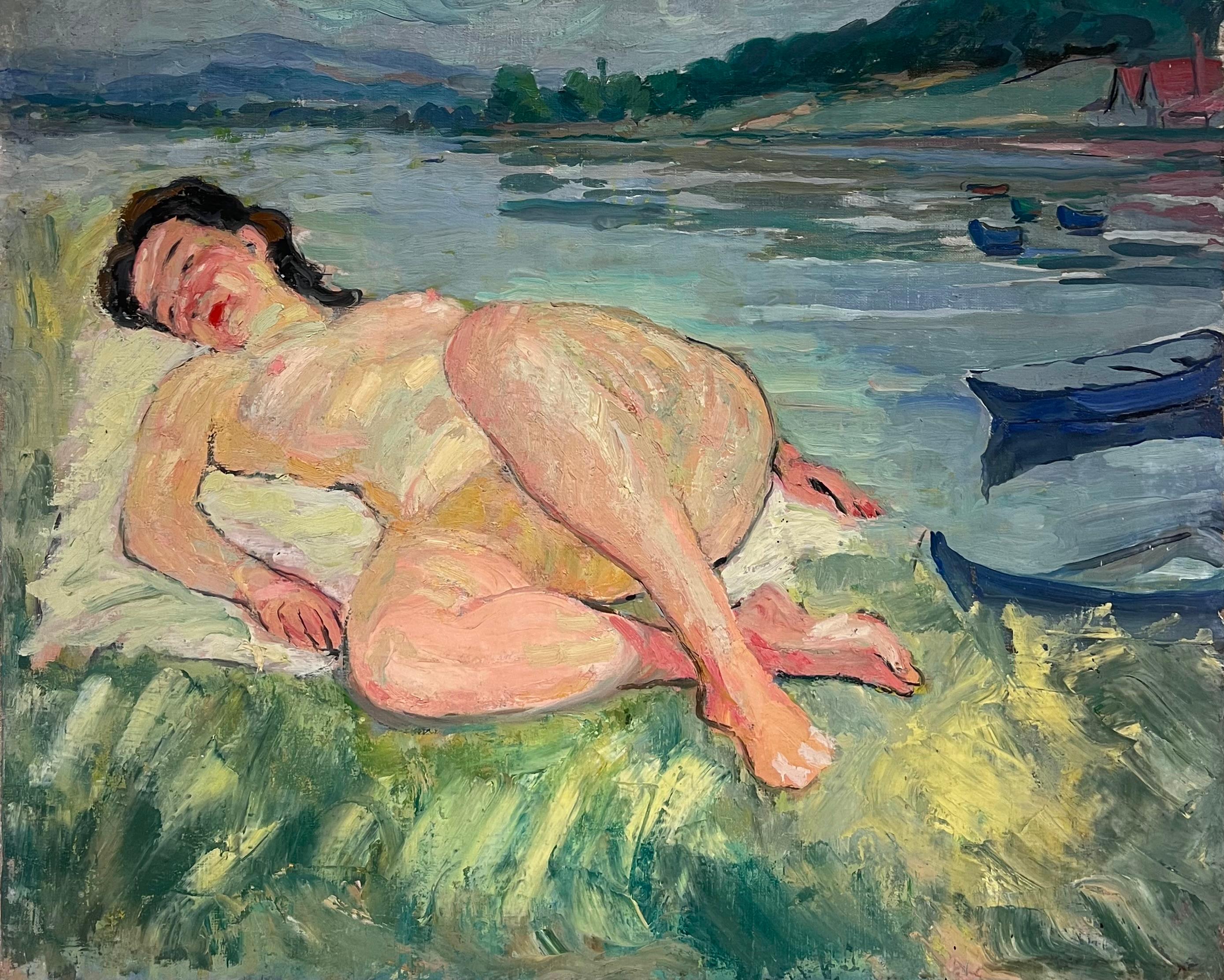 French Mid Century Large Oil Painting Nude Lady Reclining on River Bank