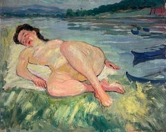 Gran óleo francés de mediados de siglo Dama desnuda recostada en la orilla de un río