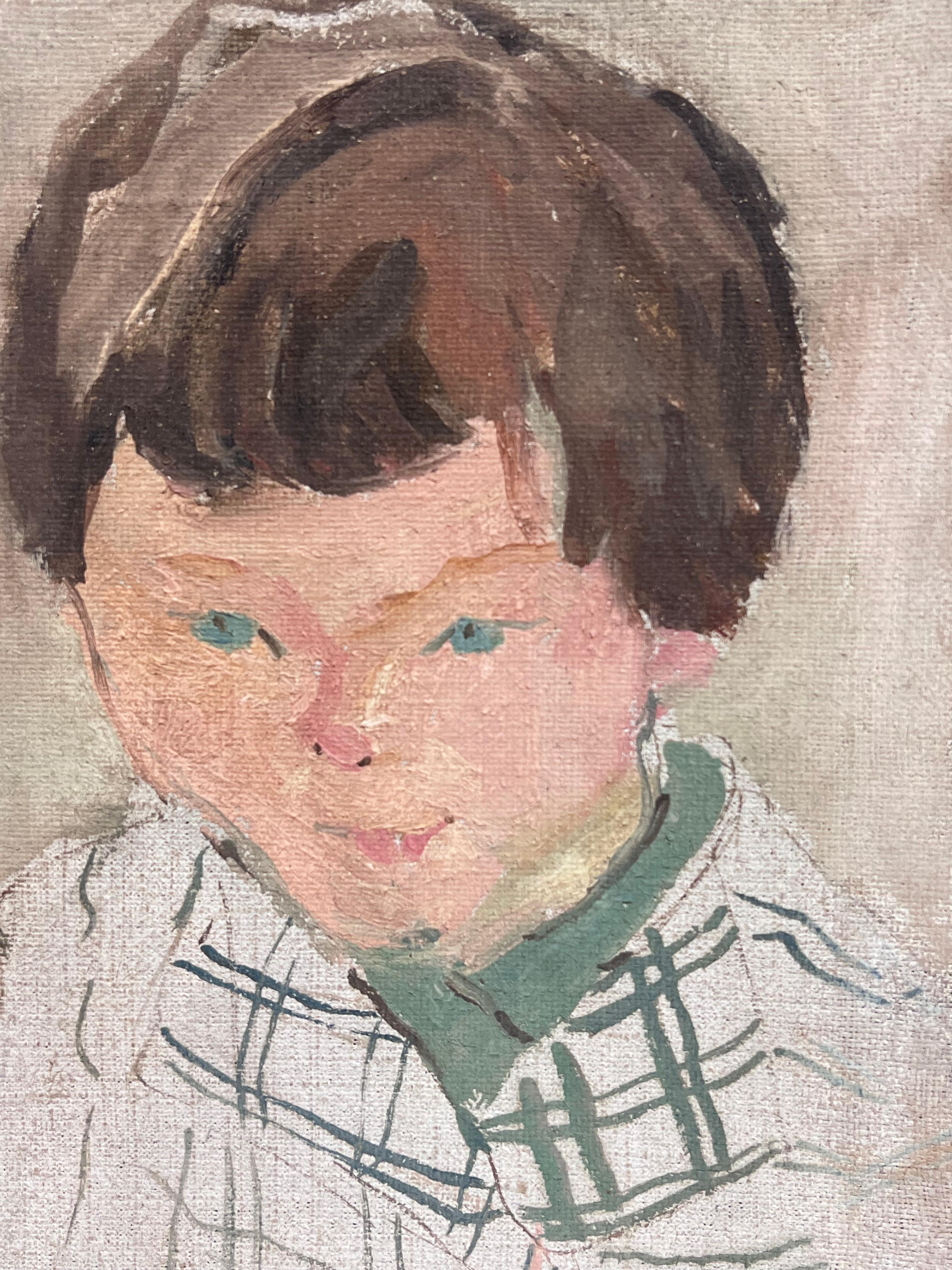 Französisch Mid Century Ölgemälde 1950er Jahre Porträt des Kindes (Post-Impressionismus), Painting, von Suzanne Dinkes
