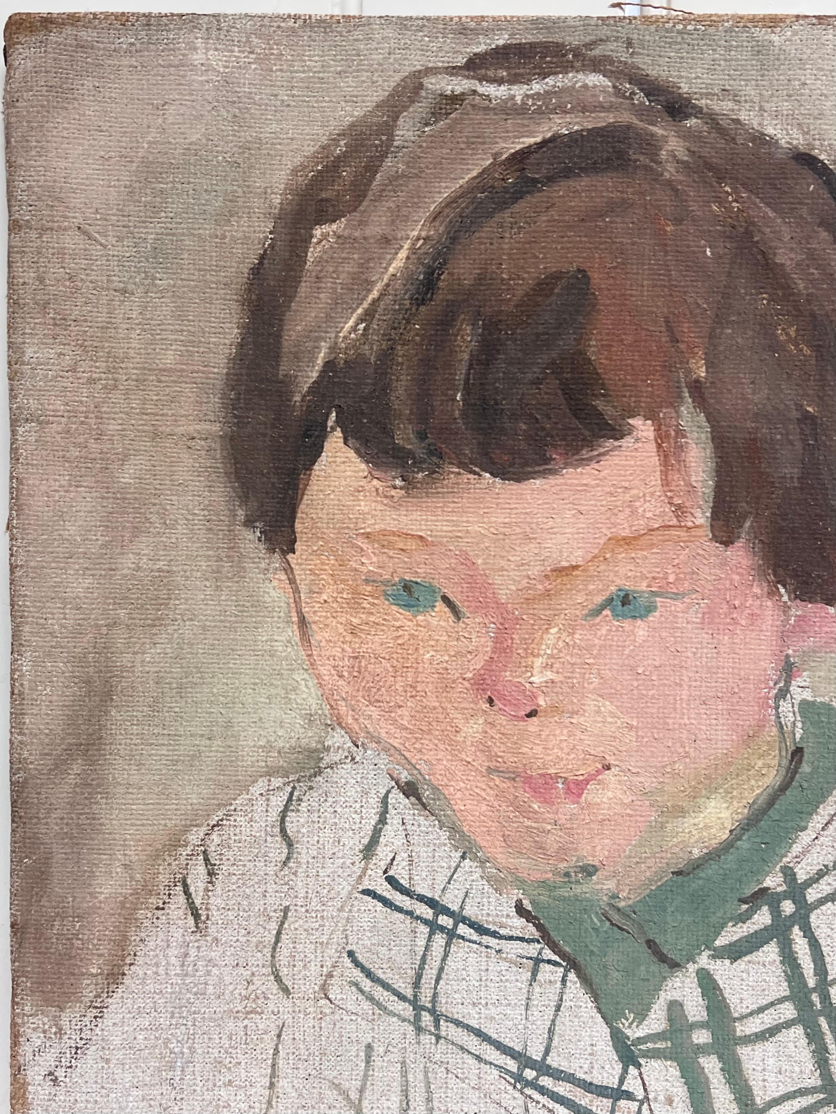 Französisch Mid Century Ölgemälde 1950er Jahre Porträt des Kindes (Braun), Figurative Painting, von Suzanne Dinkes