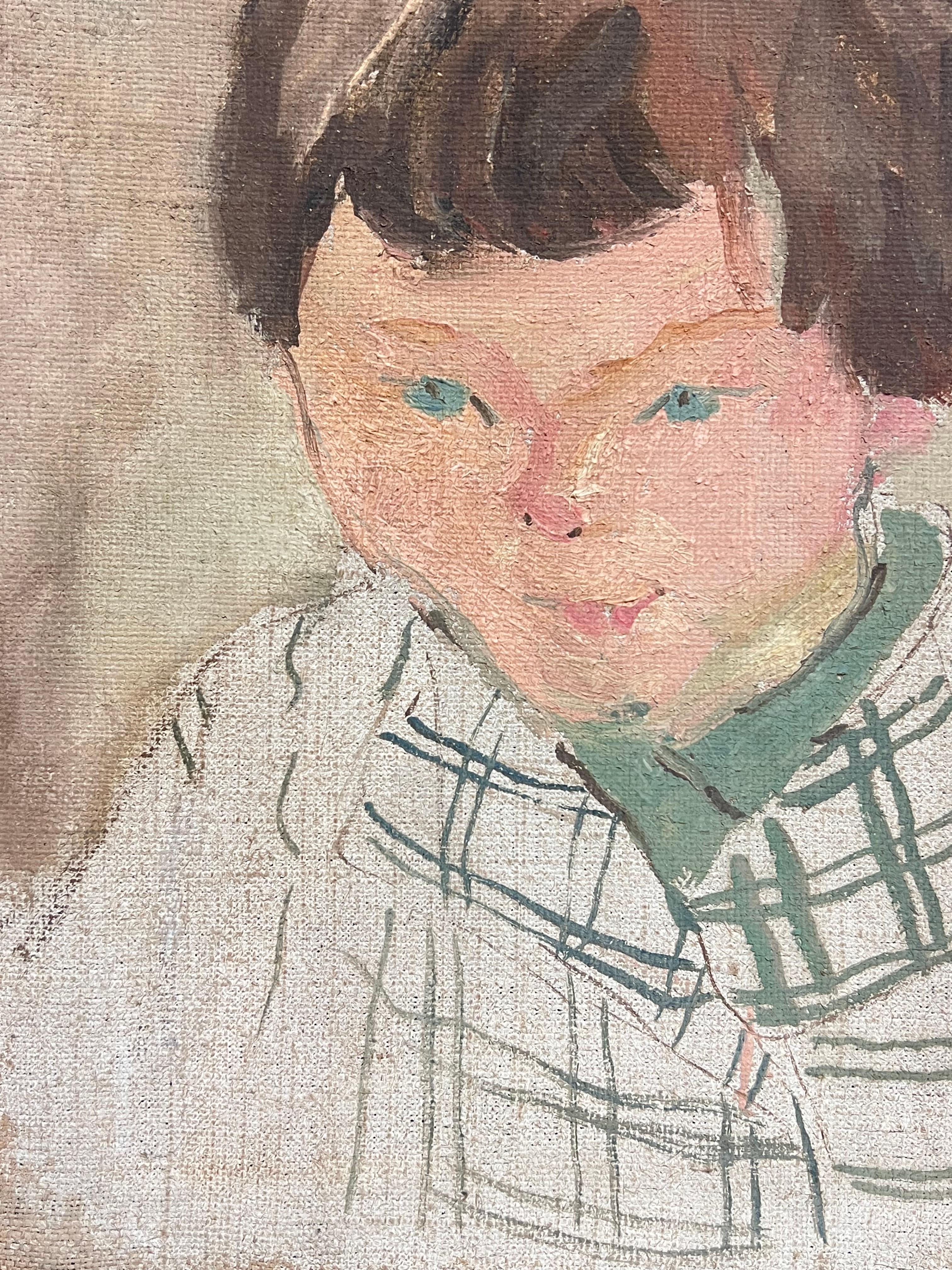 Porträt  eines Kindes
Künstler/Schule: Suzanne Dinkés (Französisch, 1895 - 1984)
Medium: Öl auf Leinwand, ungerahmt
Größe: 13,75 x 10,5 Zoll
Provenienz: Privatsammlung, Frankreich
Zustand: Das Gemälde ist in einem insgesamt sehr guten und soliden