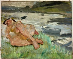 French Mid Century Oil Painting Nude Lady Sleeping on River Bank with Boats