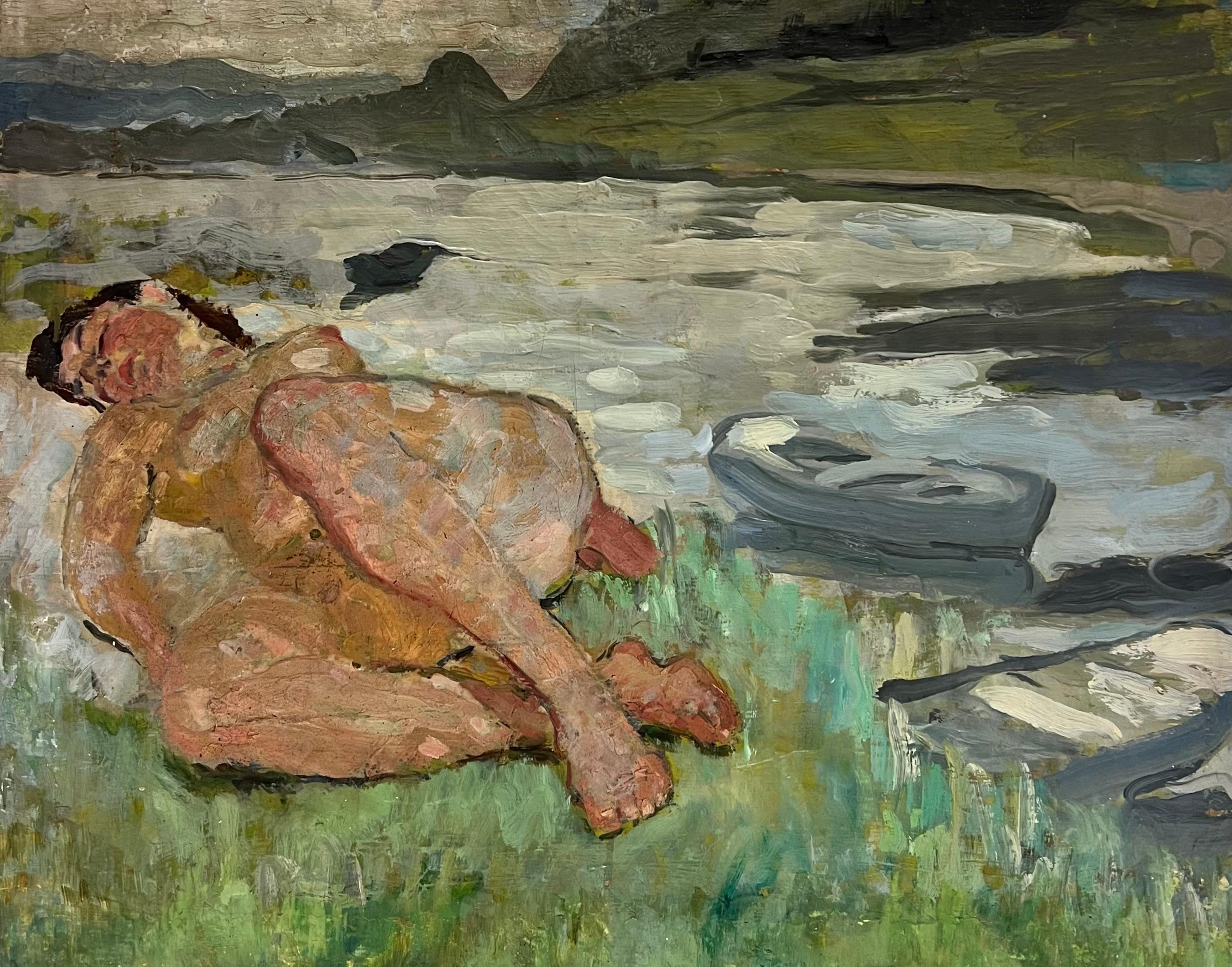 Suzanne Dinkes Nude Painting - French Mid Century Oil Painting Nude Lady Sleeping on River Bank with Boats