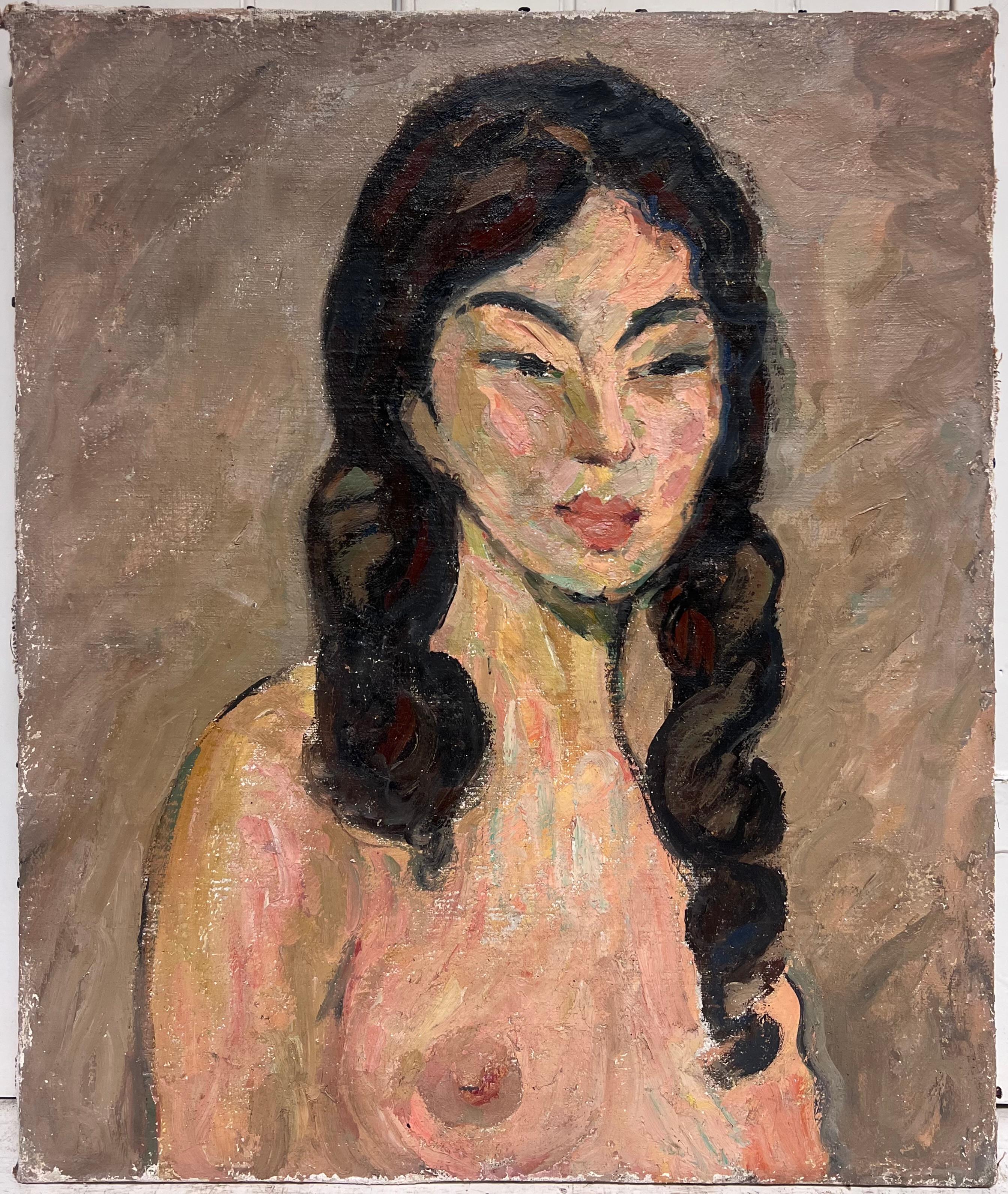Peinture à l'huile française du milieu du siècle, portrait d'une femme nue aux longs cheveux noirs - Painting de Suzanne Dinkes