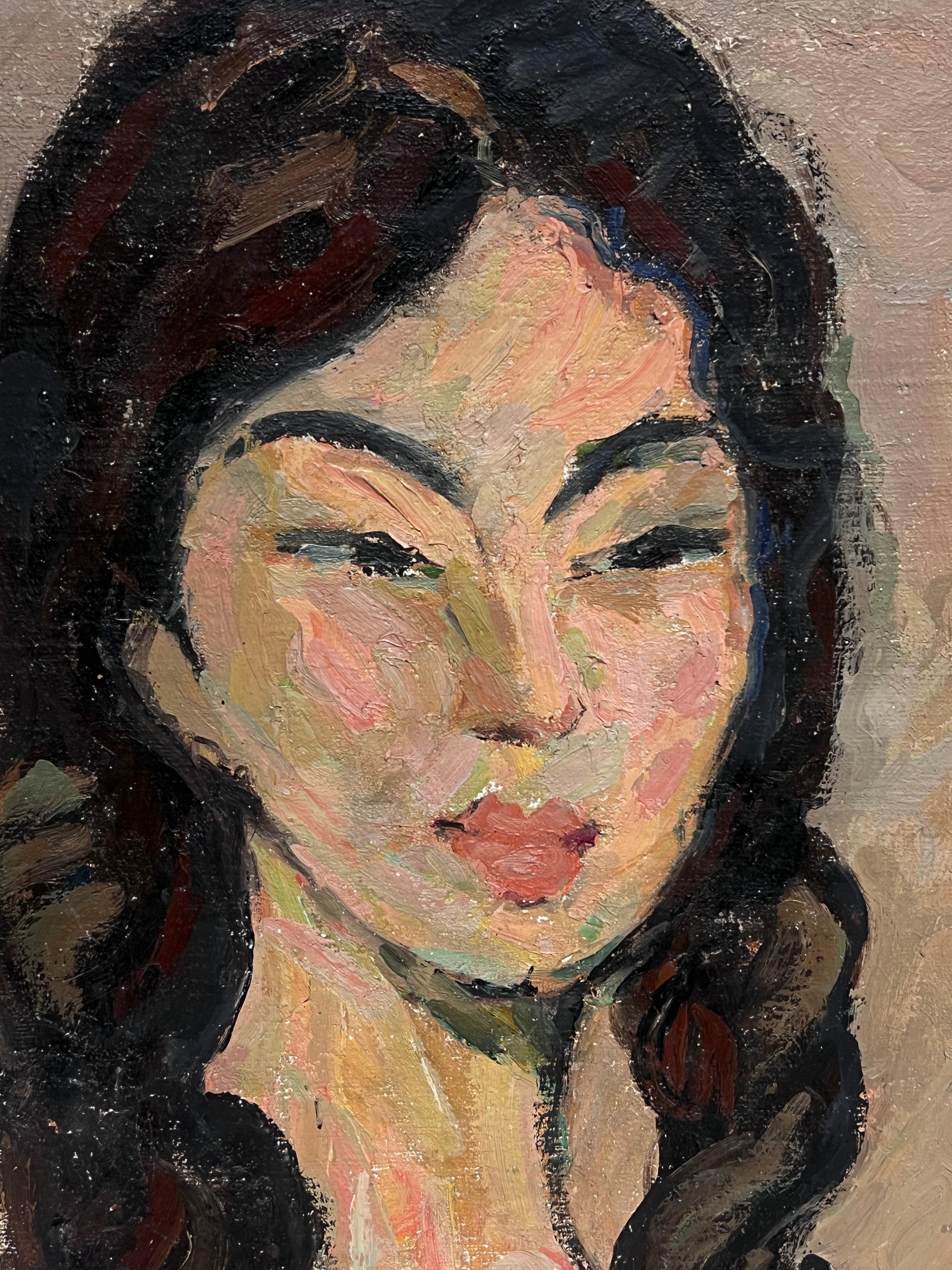 Peinture à l'huile française du milieu du siècle, portrait d'une femme nue aux longs cheveux noirs - Post-impressionnisme Painting par Suzanne Dinkes