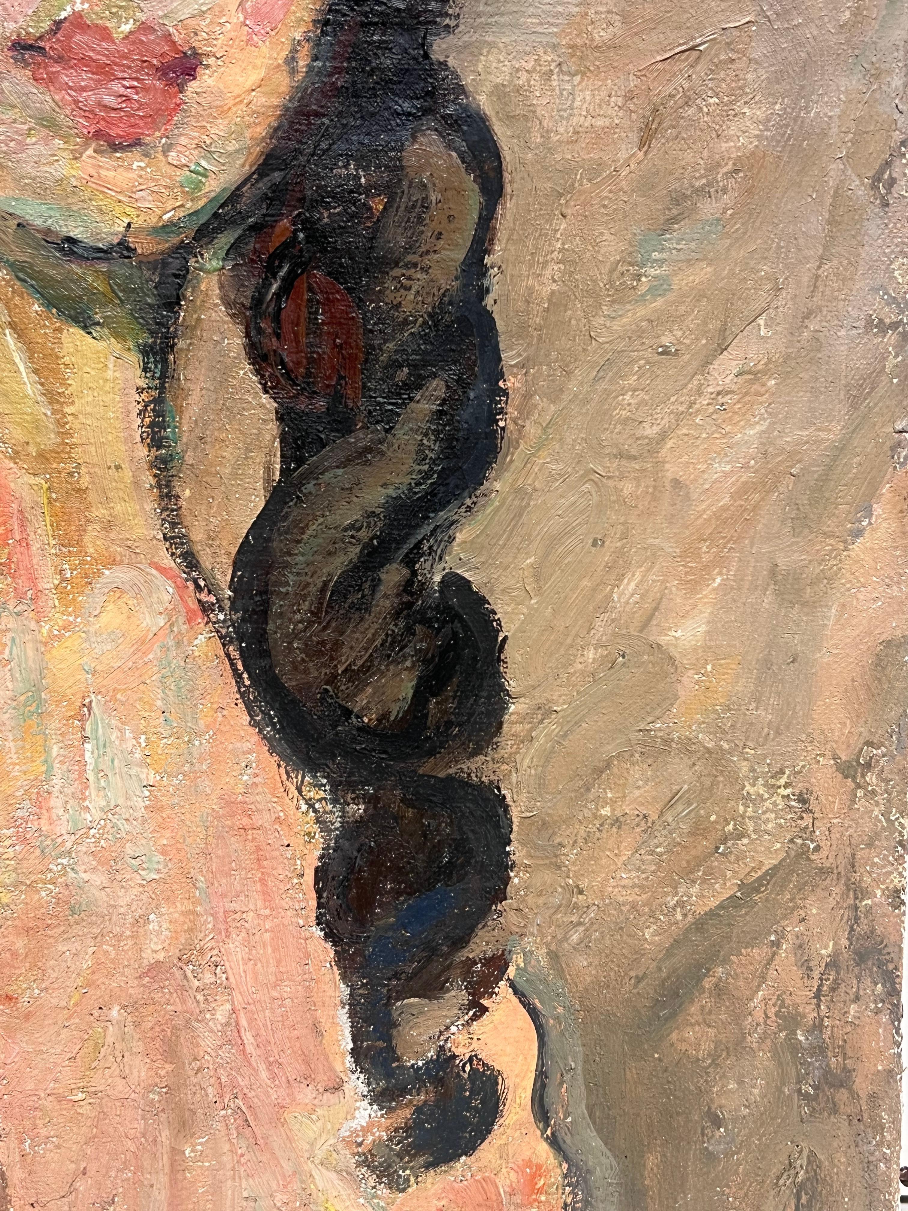 Peinture à l'huile française du milieu du siècle, portrait d'une femme nue aux longs cheveux noirs en vente 1