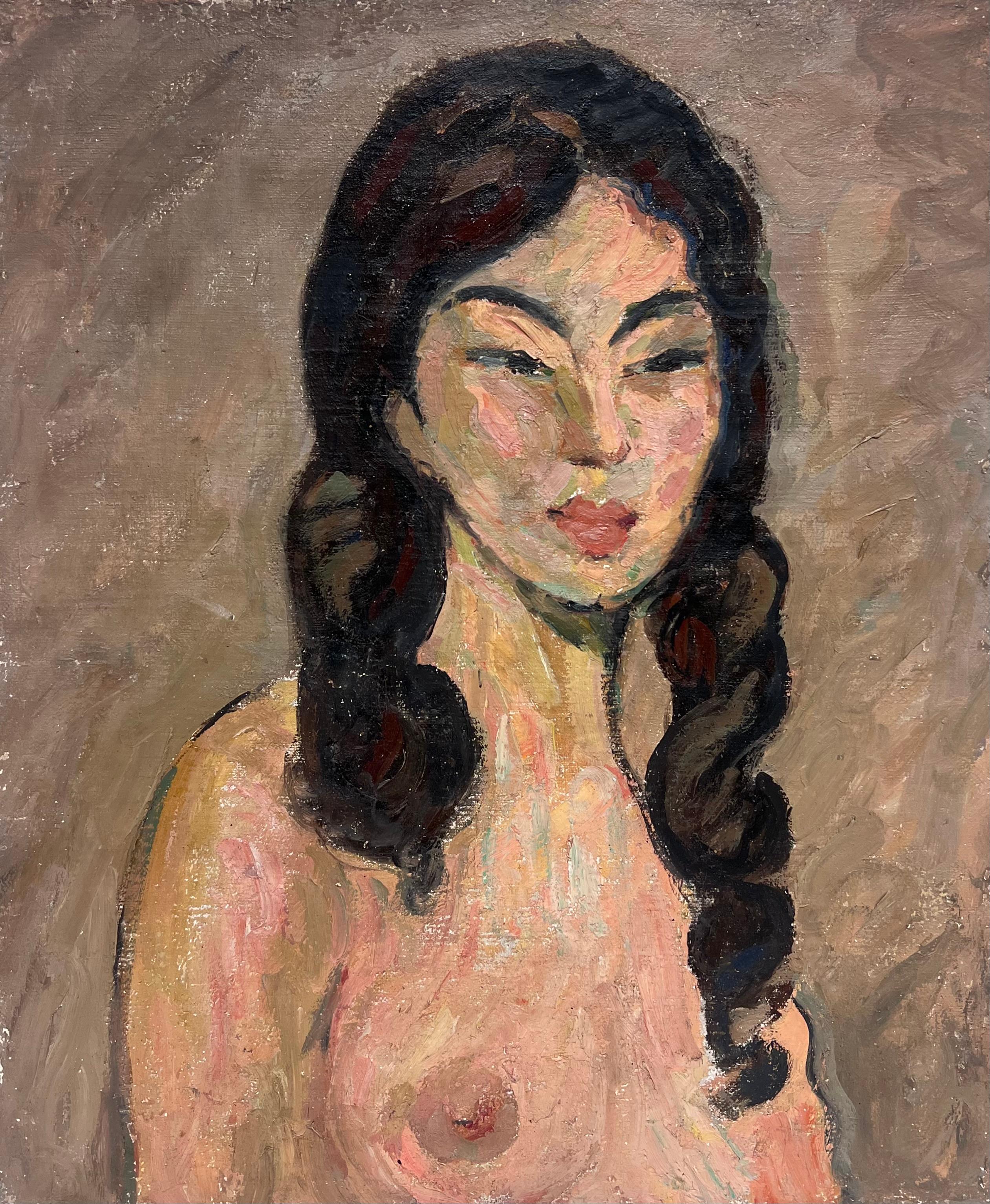 Französisch Mid Century Ölgemälde Porträt nackte Frau mit langen dunklen Haaren