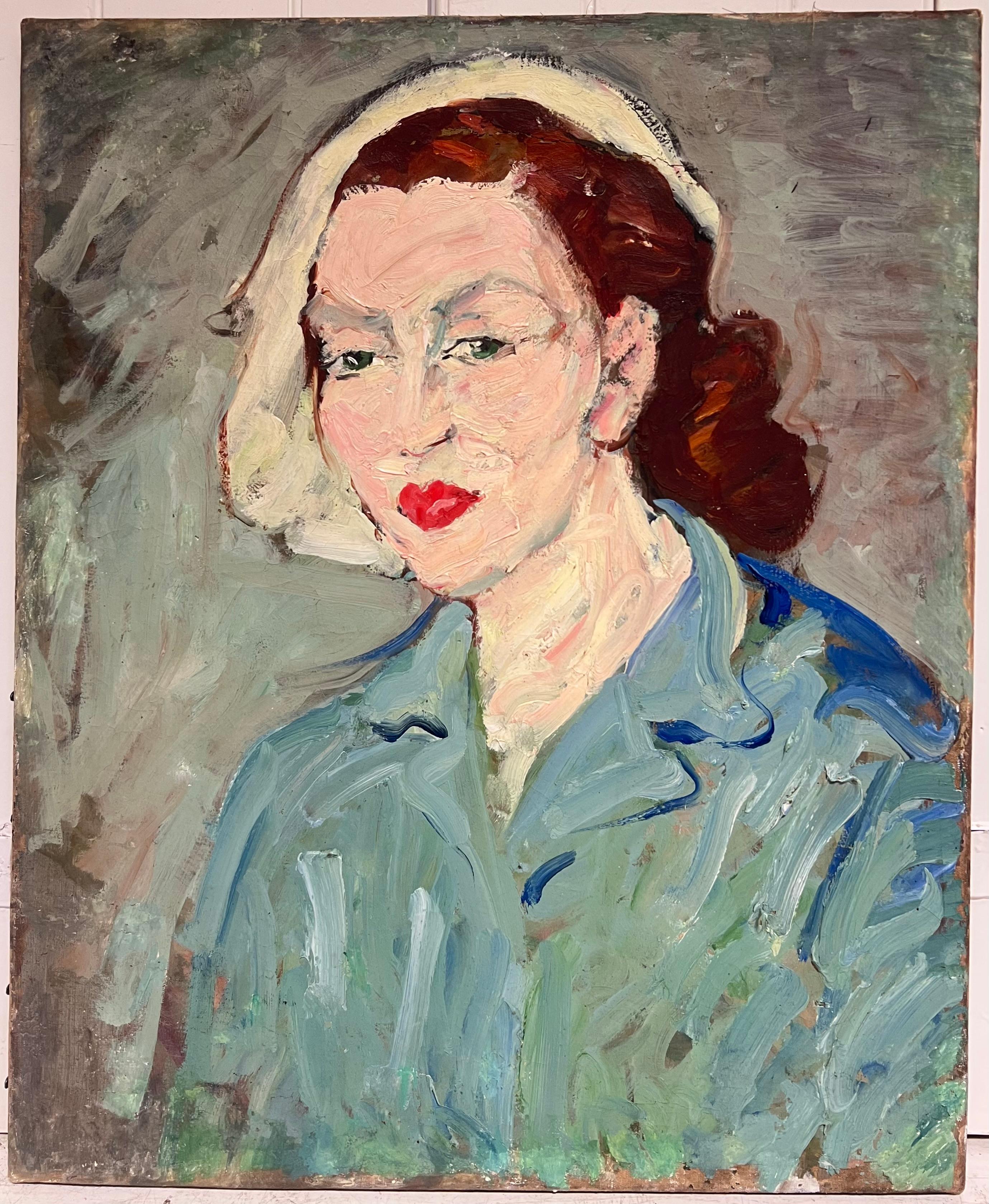 Französisch Mitte des Jahrhunderts Ölgemälde Post Impressionist Porträt der Frau blaue Bluse – Painting von Suzanne Dinkes