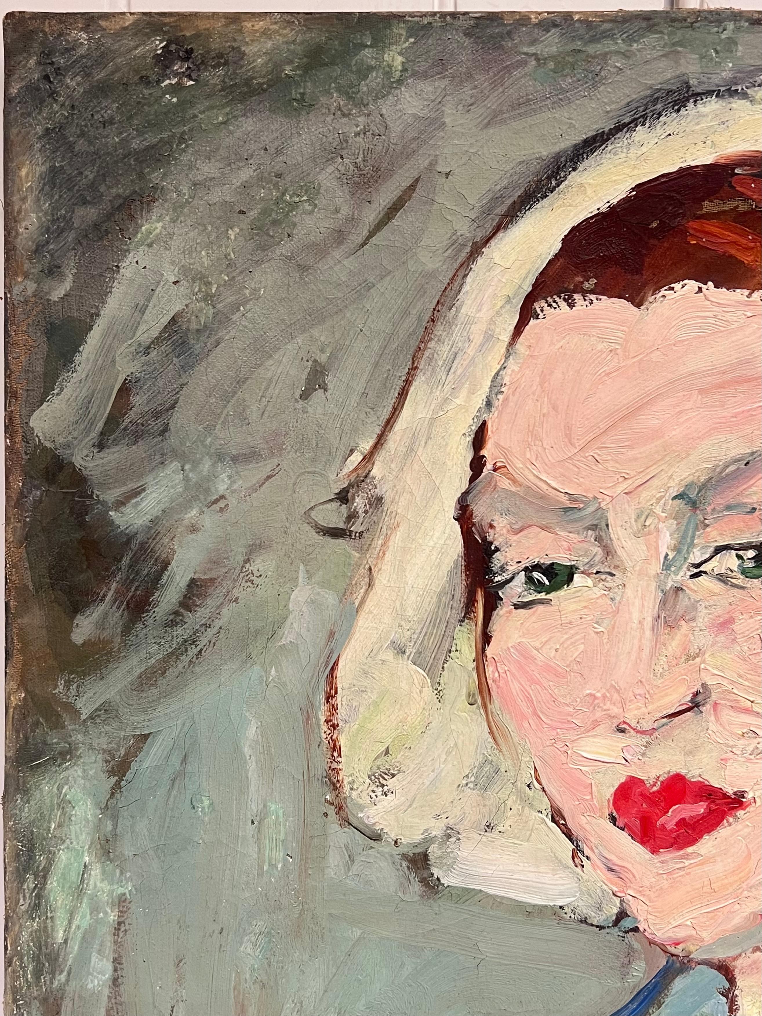 Französisch Mitte des Jahrhunderts Ölgemälde Post Impressionist Porträt der Frau blaue Bluse (Post-Impressionismus), Painting, von Suzanne Dinkes