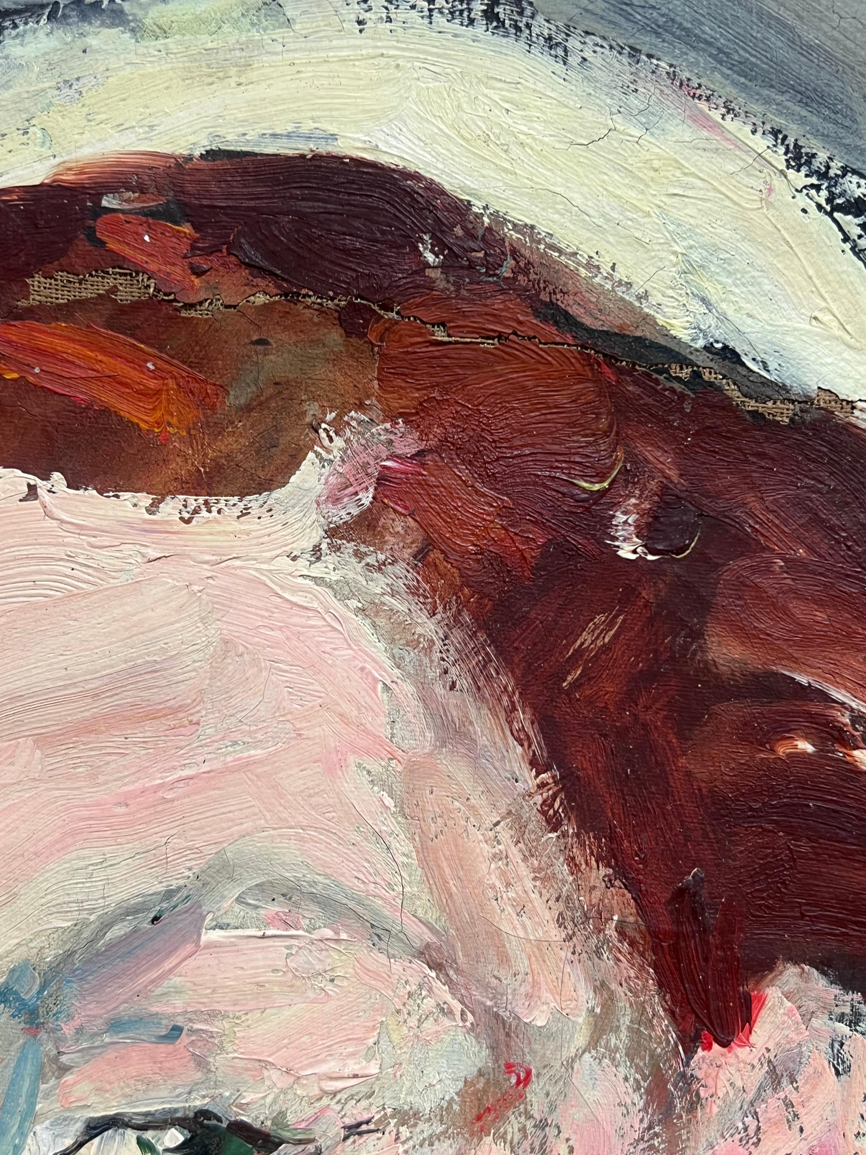 Französisch Mitte des Jahrhunderts Ölgemälde Post Impressionist Porträt der Frau blaue Bluse im Angebot 1