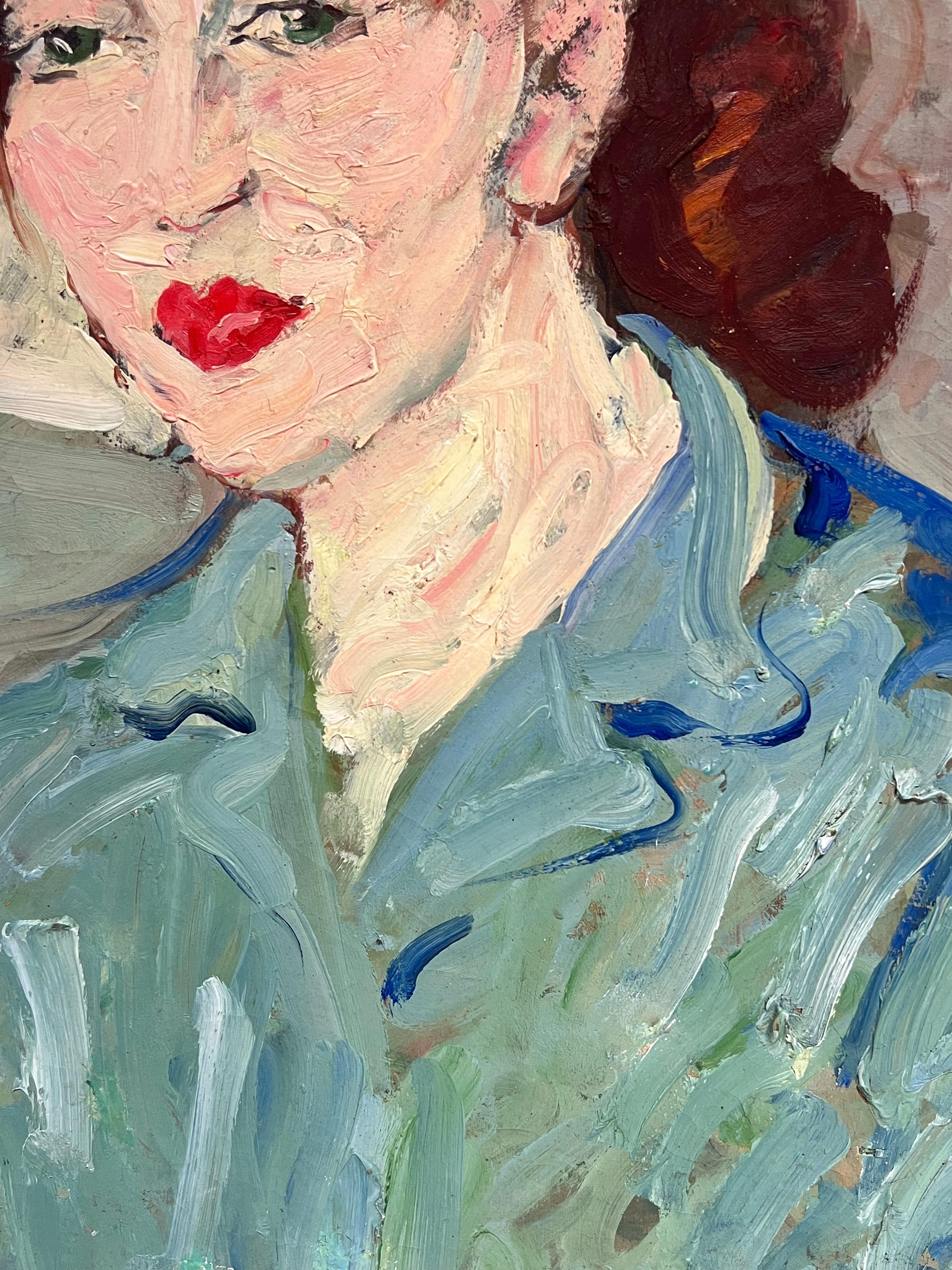 Französisch Mitte des Jahrhunderts Ölgemälde Post Impressionist Porträt der Frau blaue Bluse im Angebot 2