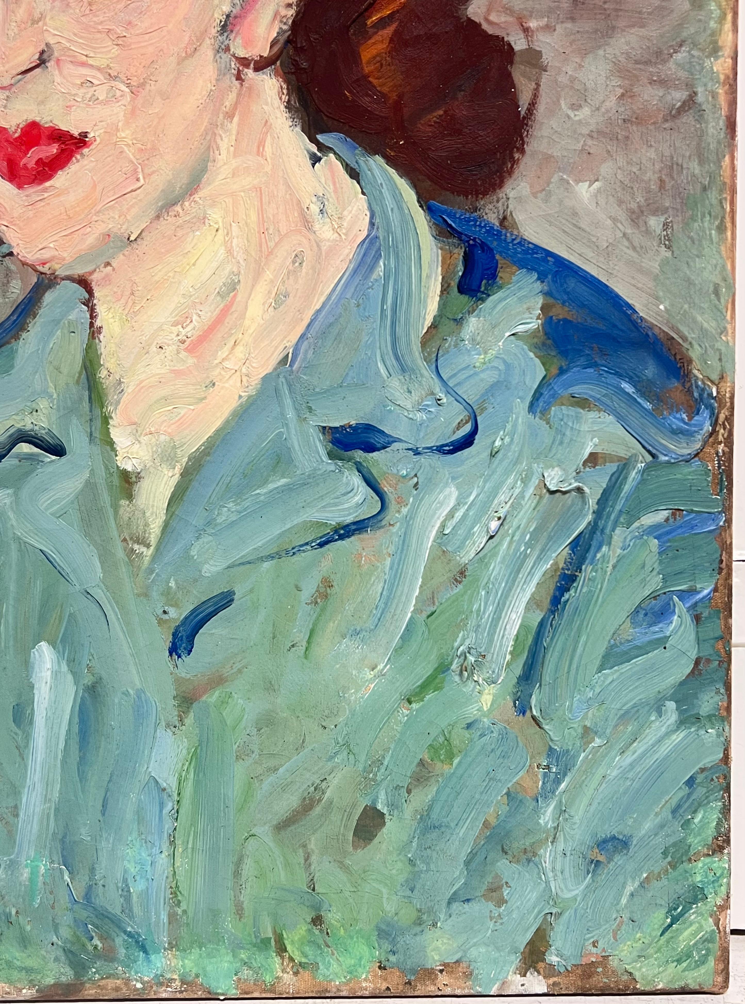 Französisch Mitte des Jahrhunderts Ölgemälde Post Impressionist Porträt der Frau blaue Bluse im Angebot 3