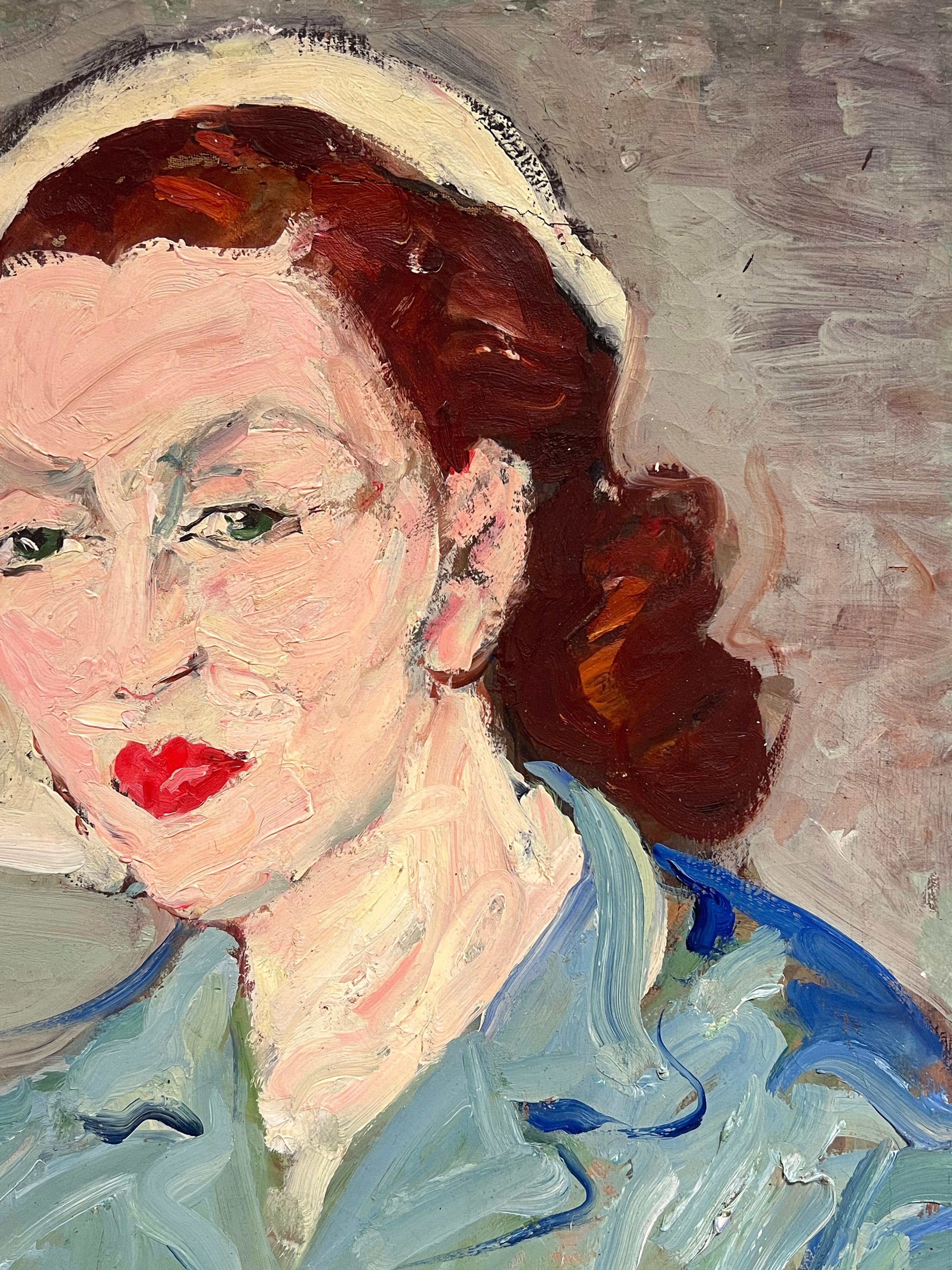 Französisch Mitte des Jahrhunderts Ölgemälde Post Impressionist Porträt der Frau blaue Bluse im Angebot 4