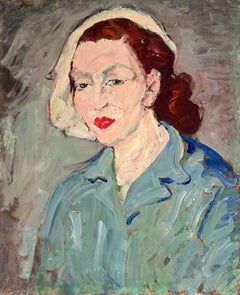 Pittura ad olio francese della metà del secolo scorso Ritratto di donna post impressionista con camicetta blu